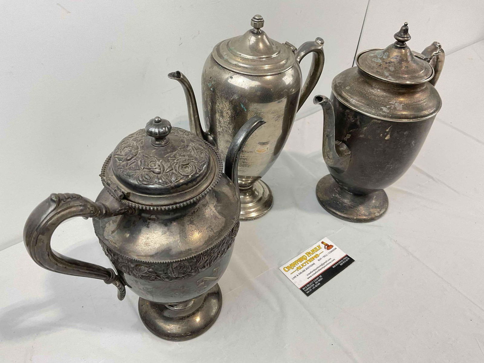 3 pcs Antique Silver Plated Tea Pots. Largest Measures 9" x 5" x 12" Very Good Condition. - 6