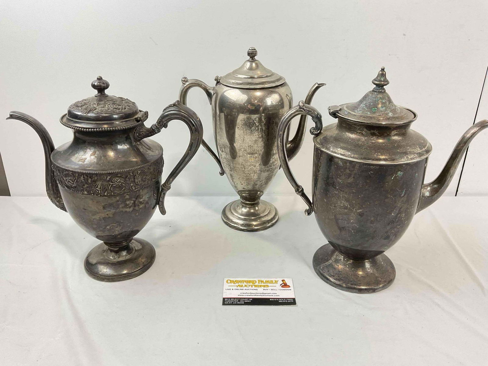 3 pcs Antique Silver Plated Tea Pots. Largest Measures 9" x 5" x 12" Very Good Condition. - 7