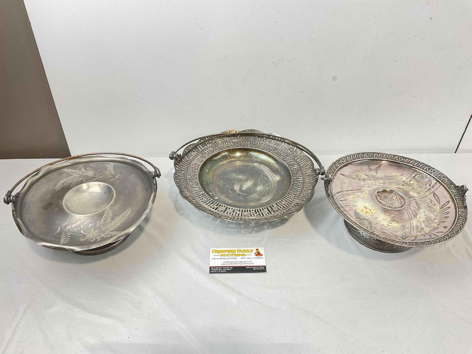 3 pcs Antique Silver Plated Bride Baskets, incl. Rockford & Eureka. Very Good Condition. See pics. (1 of 9)