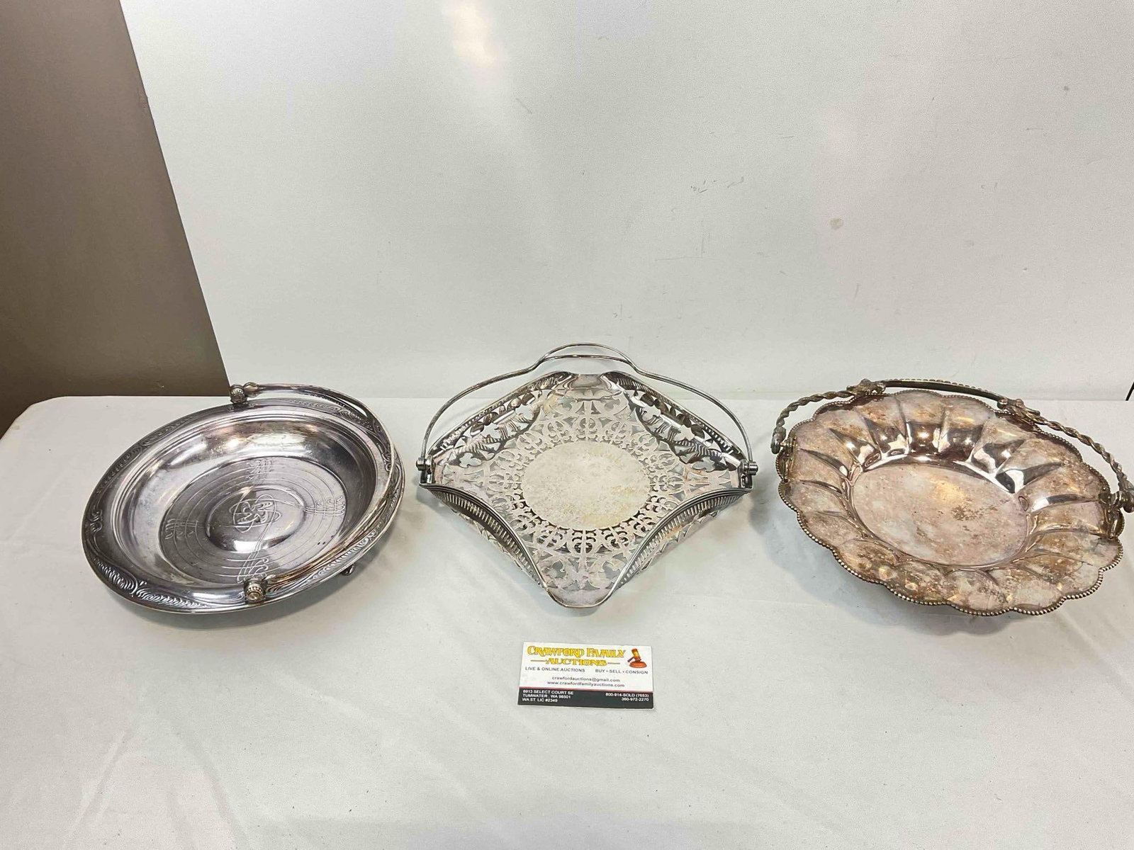 3 pcs Antique Silver Plated Brides Baskets, incl. James W. Tufts & Sheffield. Very Good Condition. (1 of 9)