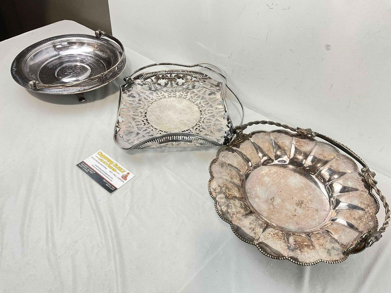 3 pcs Antique Silver Plated Brides Baskets, incl. James W. Tufts & Sheffield. Very Good Condition. - 2