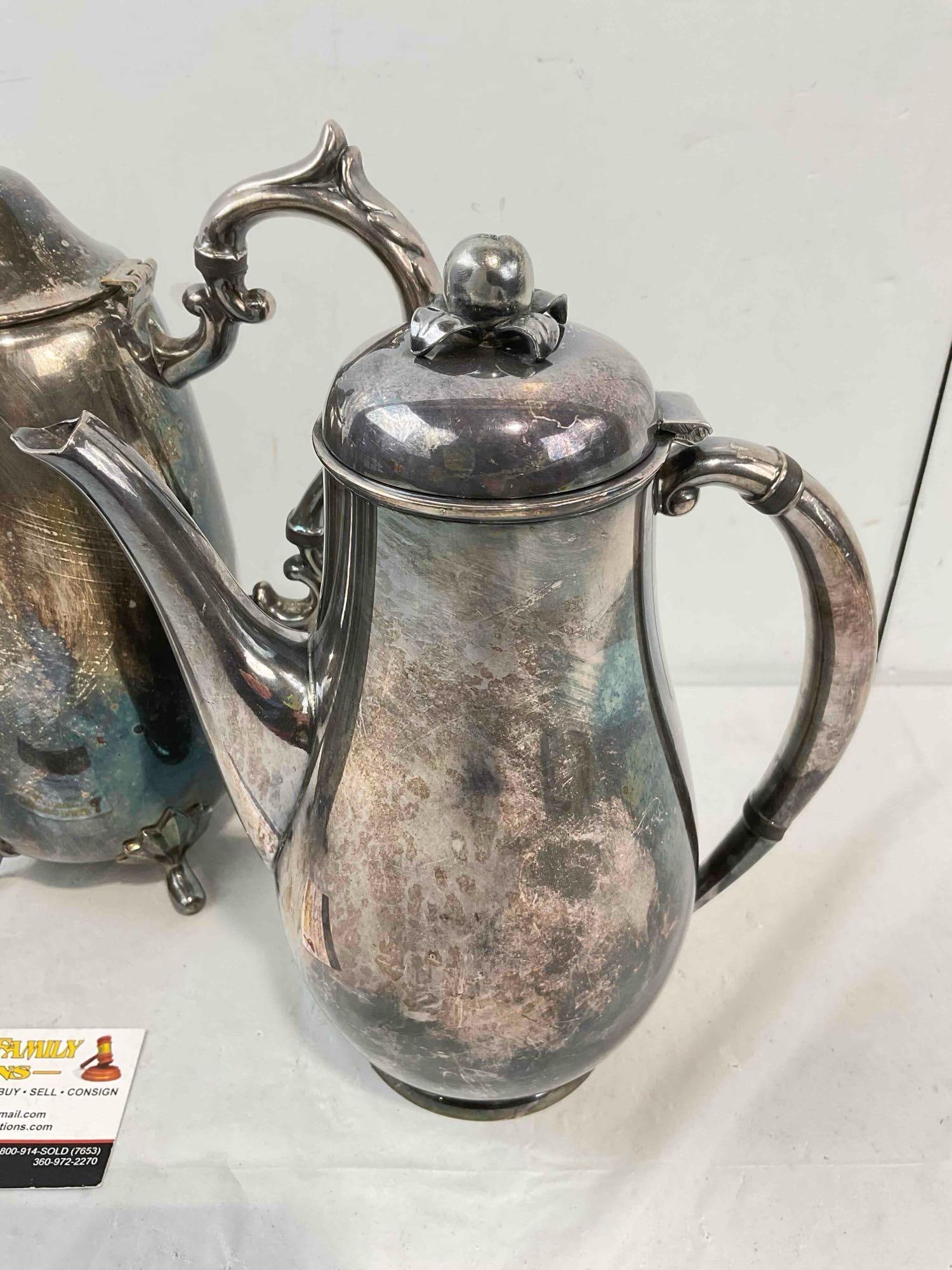 3 pcs Vintage Silver Plated Tea Pots, incl. 5th Ave Co., Meriden & Wilcox. Very Good Condition. - 2