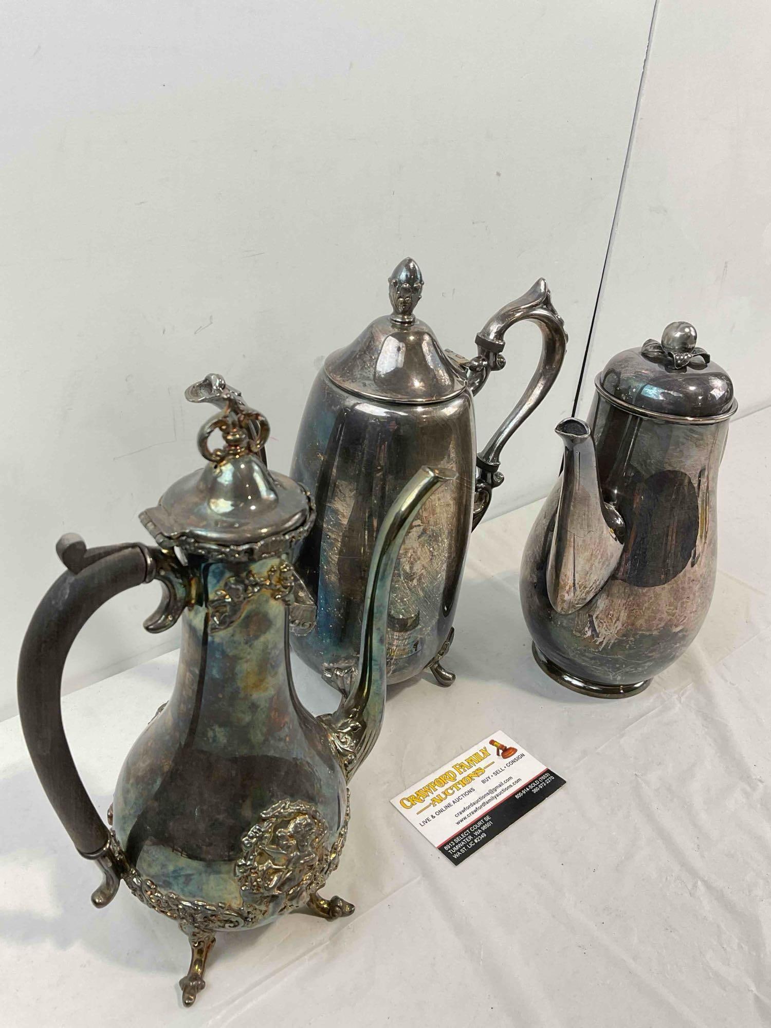 3 pcs Vintage Silver Plated Tea Pots, incl. 5th Ave Co., Meriden & Wilcox. Very Good Condition. - 6