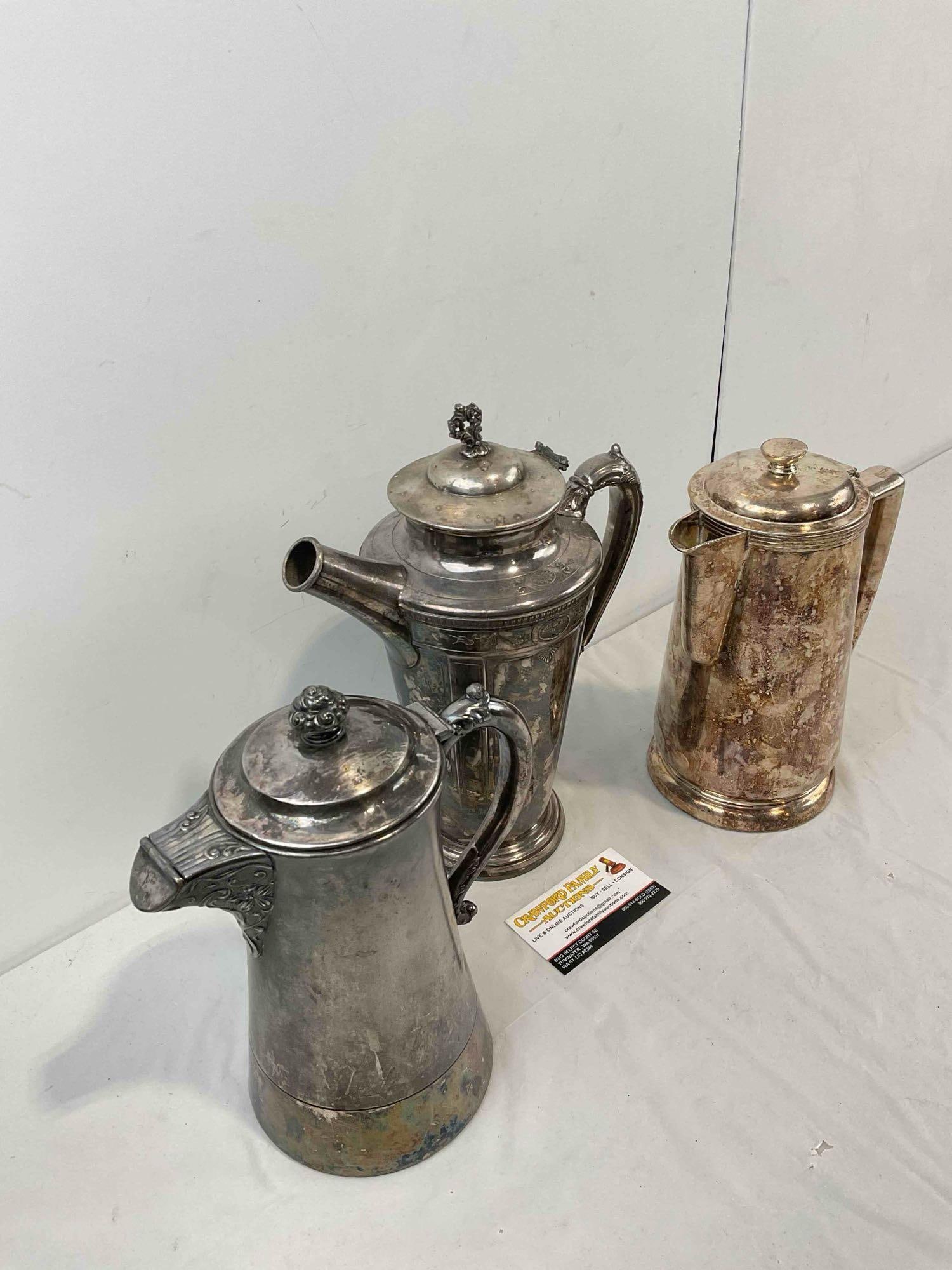 3 pcs Vintage Silver Plated Chocolate Pots, incl. 1x Reed & Barton & 1x Hilton Hotel. See pics. - 3