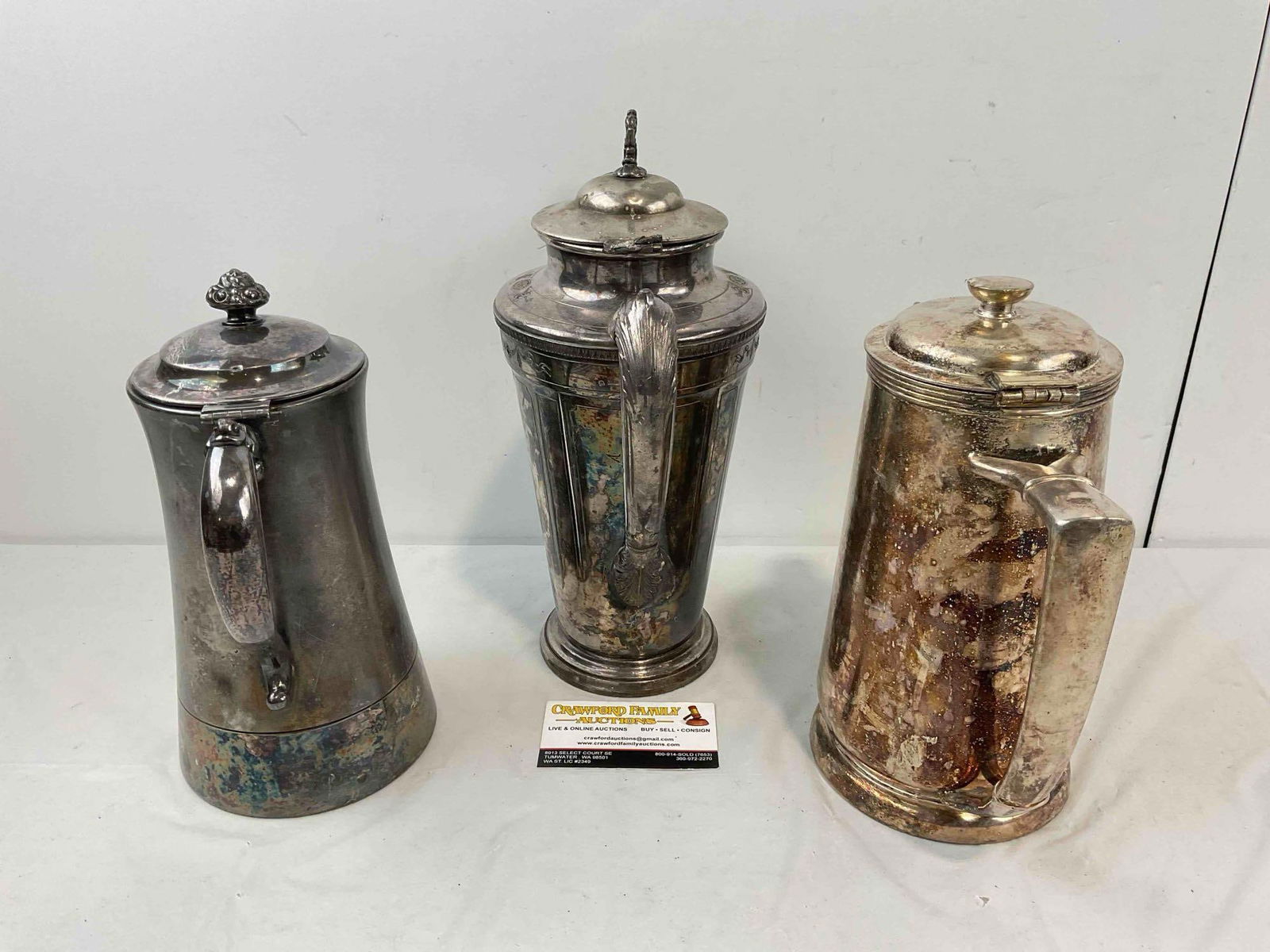 3 pcs Vintage Silver Plated Chocolate Pots, incl. 1x Reed & Barton & 1x Hilton Hotel. See pics. - 6