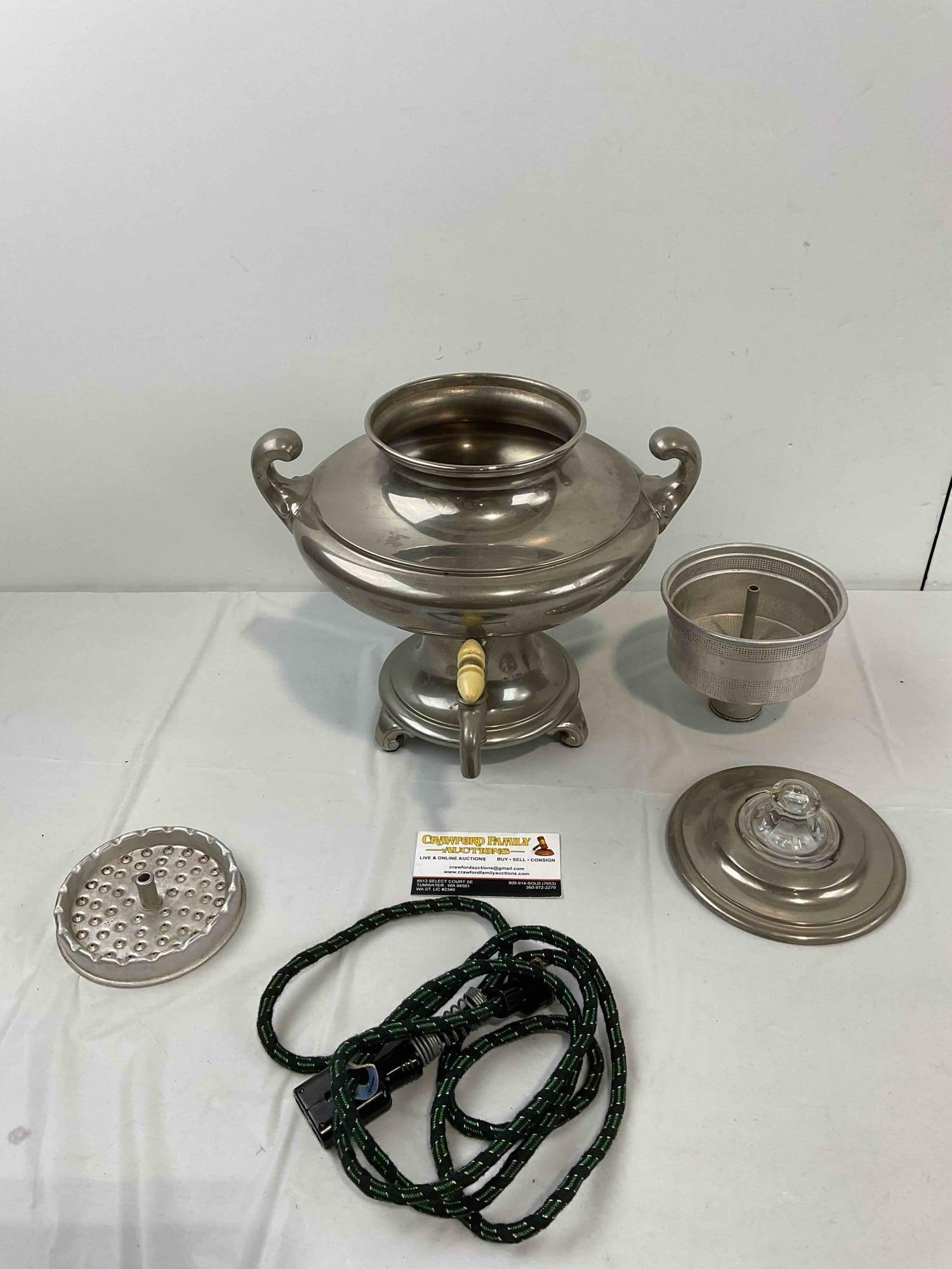 Antique Universal Silver Plated Samovar Tea Urn w/ Pyrex & Celluloid Handles. Untested. See pics. - 8