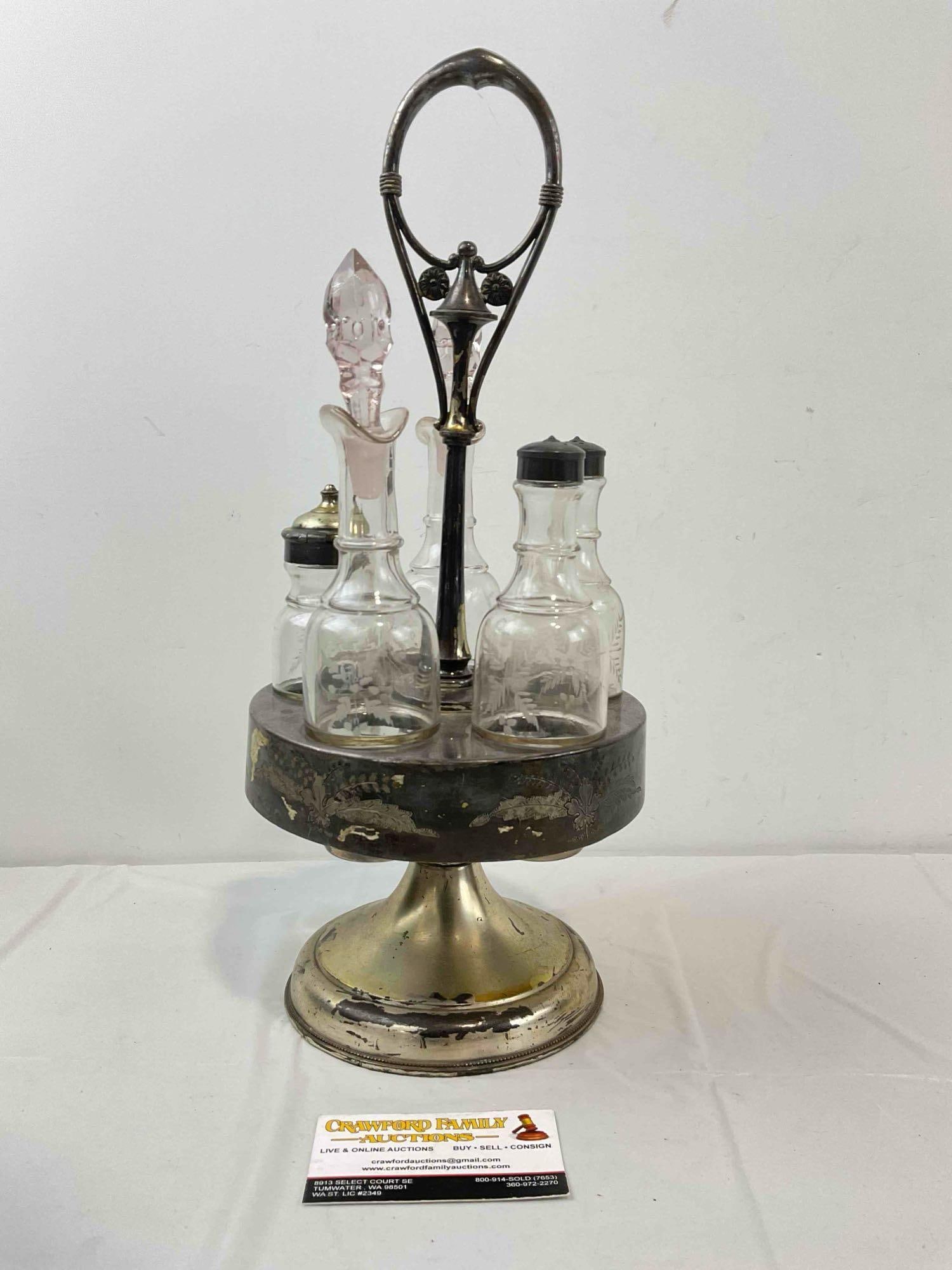 Antique Silver Plated Cruet Condiment Set w/ 5 Glass Bottles. Very Good Condition. See pics. (1 of 9)