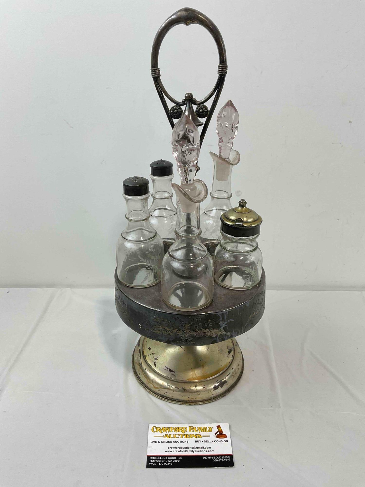 Antique Silver Plated Cruet Condiment Set w/ 5 Glass Bottles. Very Good Condition. See pics. - 4
