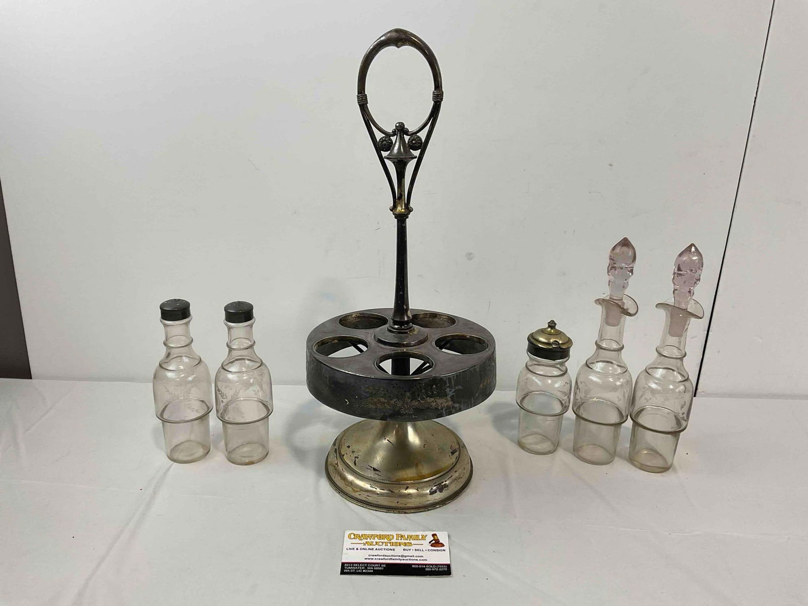 Antique Silver Plated Cruet Condiment Set w/ 5 Glass Bottles. Very Good Condition. See pics. - 5