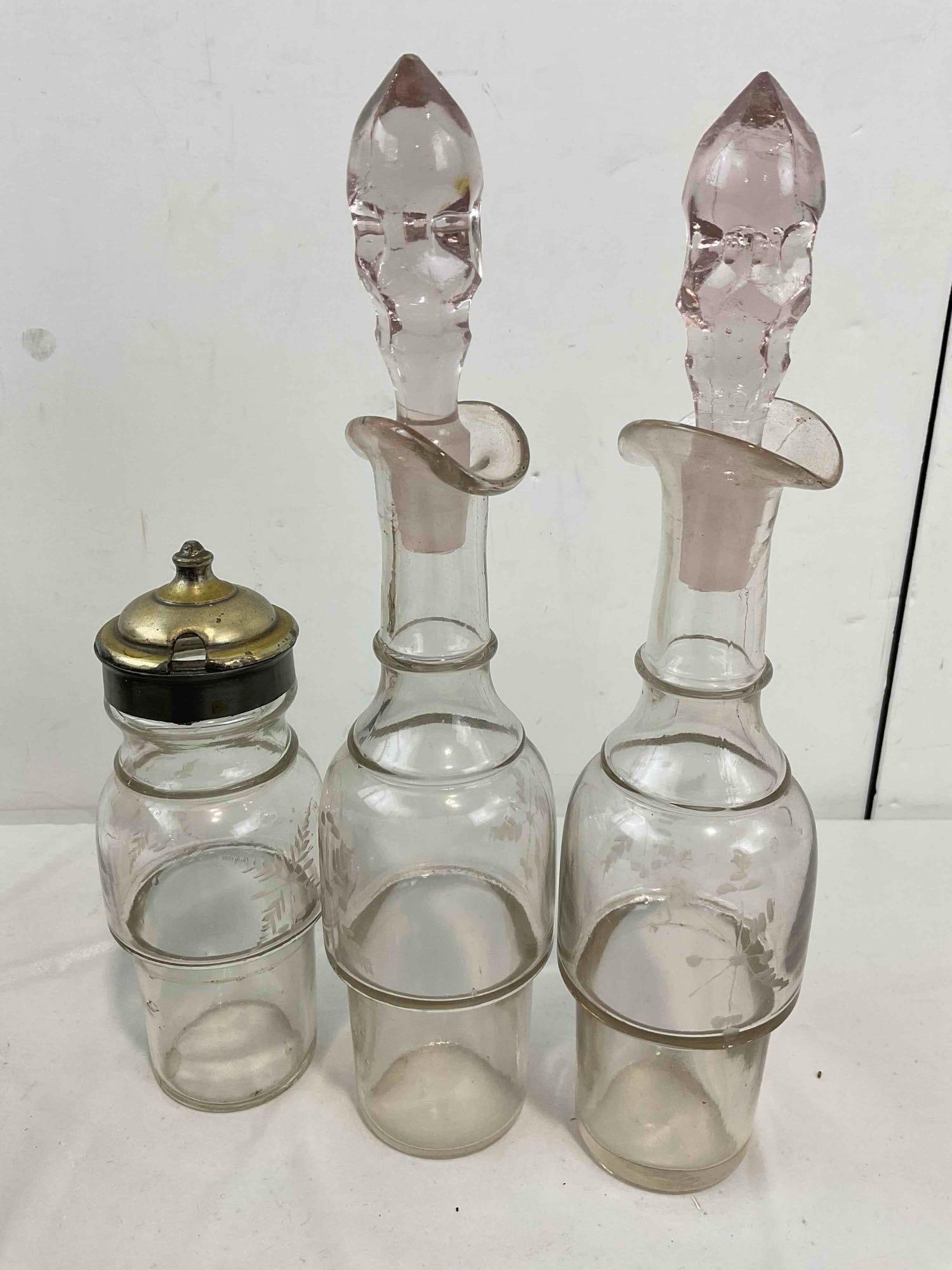 Antique Silver Plated Cruet Condiment Set w/ 5 Glass Bottles. Very Good Condition. See pics. - 6
