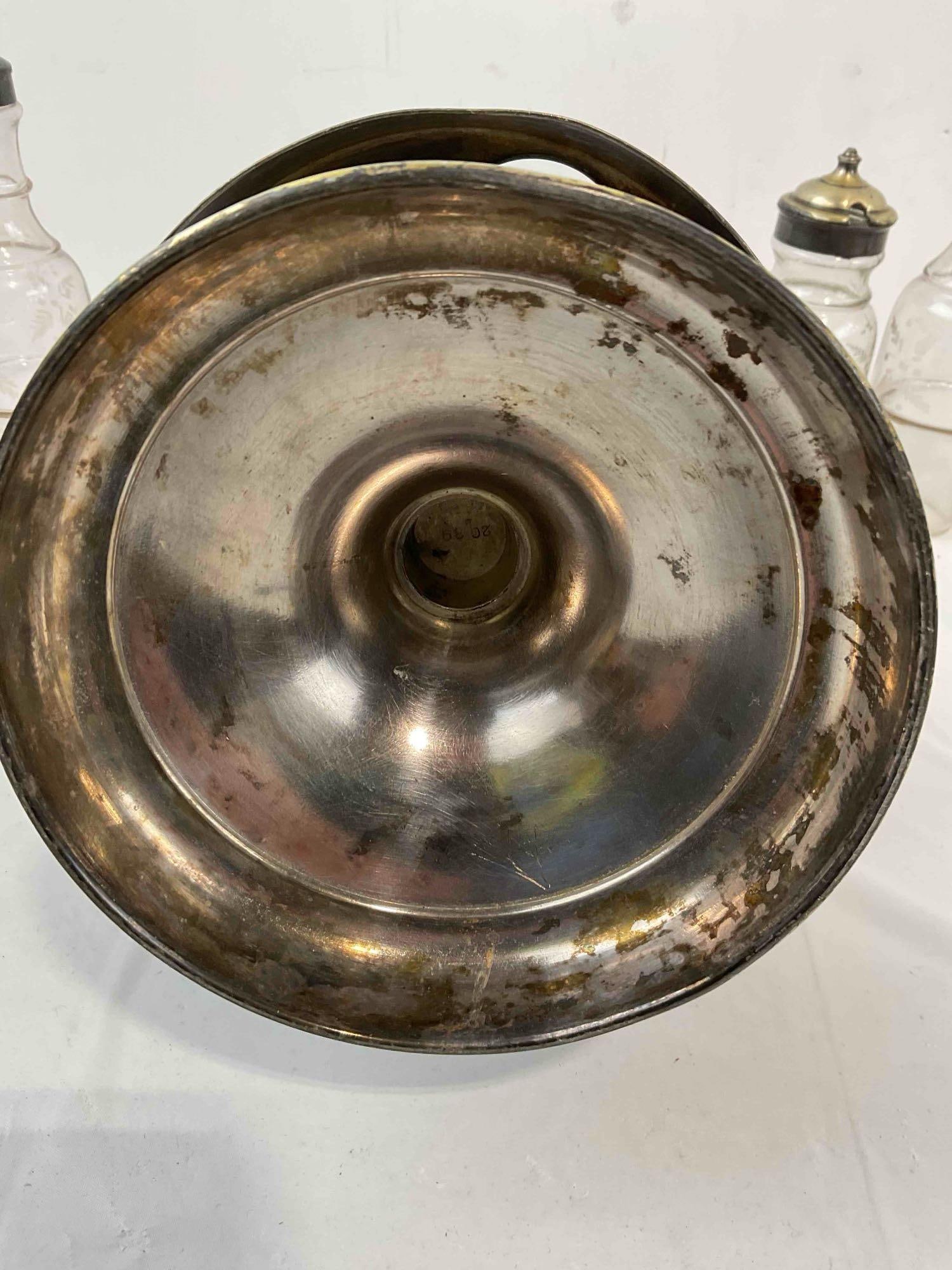 Antique Silver Plated Cruet Condiment Set w/ 5 Glass Bottles. Very Good Condition. See pics. - 9