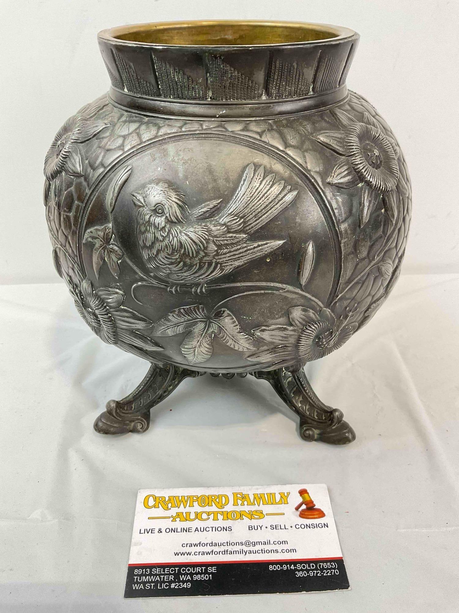 Beautiful Antique Silver Plated Repousse Urn w/ Bird & Passionflower Motif. Very Good Condition. - 4