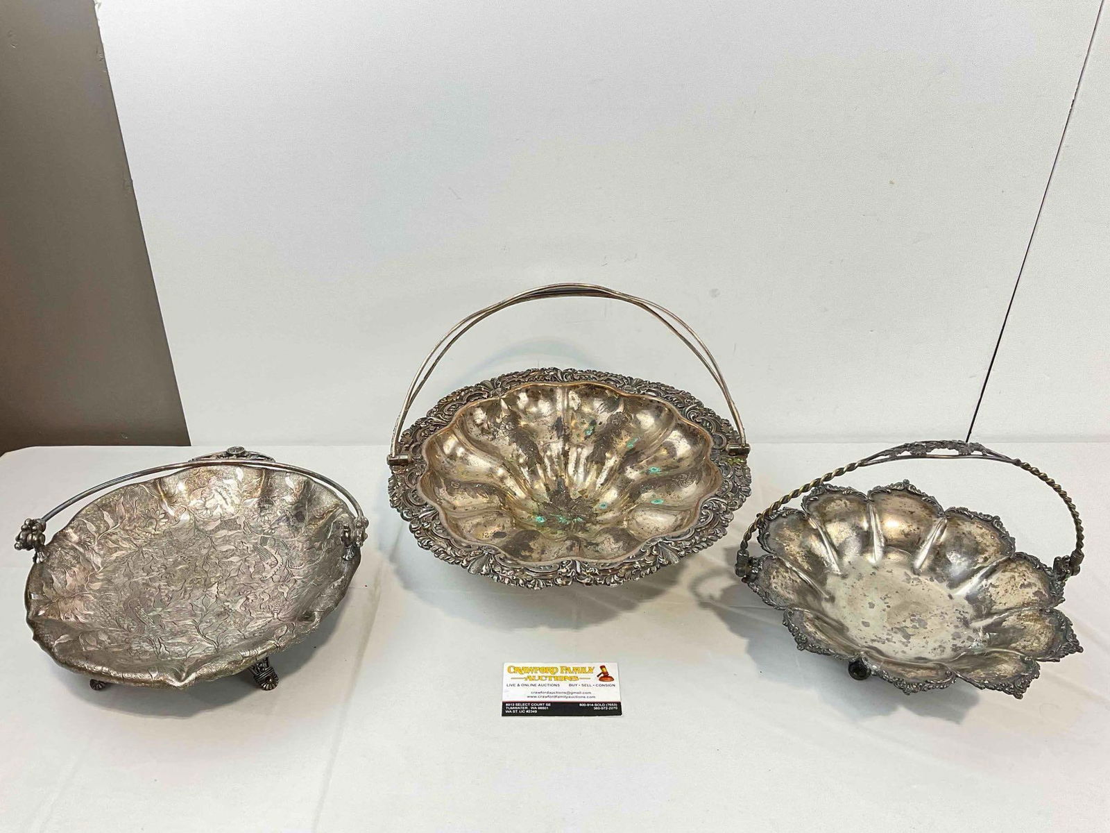 3 pcs Antique Silver Plated Bride Baskets, incl. Forbes & James W. Tufts. Very Good Condition. (1 of 10)