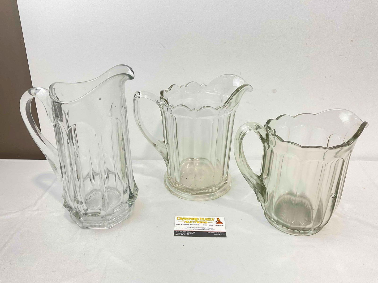 3 pcs Antique Clear Glass Water Pitchers. Very Good Condition. See pics. (1 of 7)