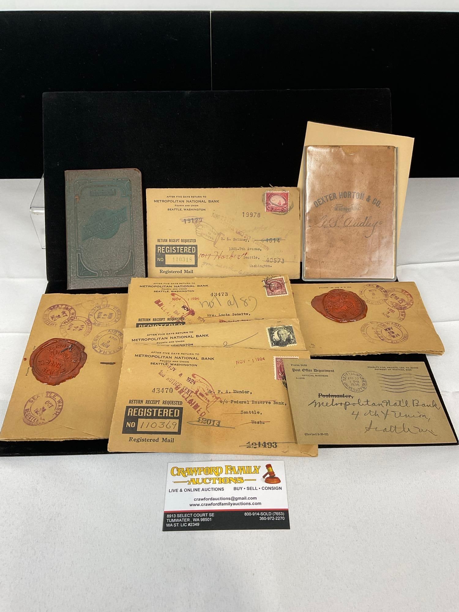 Antique Dexter Horton & Co 1883 Bank Deposit Book, 1st National Bank Book, 8 Registered Mail Lett... (1 of 11)