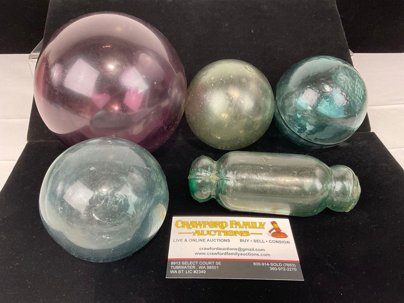 5 Antique Glass Floats, Pink, Blue & Green, Fish Net Floats: Appears to be in good shape. The piece measures approx 8h x 11w x 9d inches. See pics. E-5360 