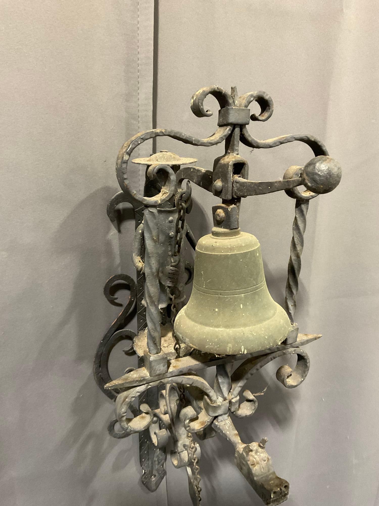 Antique Wrought Iron California Rancho Figural Handpull Entrance Bell, Wall Mounted, 20h x 9w x 11d - 4