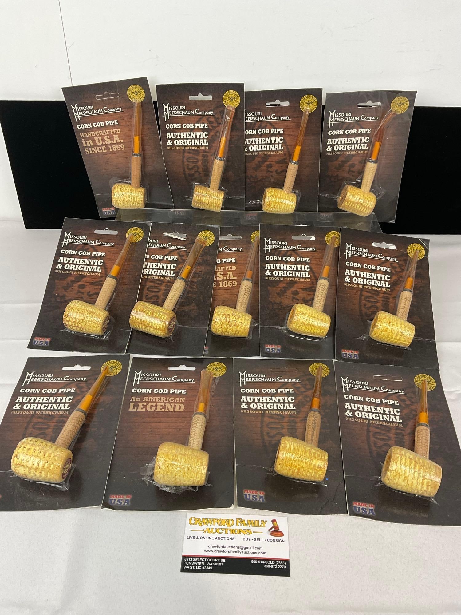 13 Missouri Meerschaum Co Corn Cob Pipes, in packaging, Straight Stems: Appears to be in good shape. The piece measures approx 8h x 11w x 9d inches. See pics. E-5430 