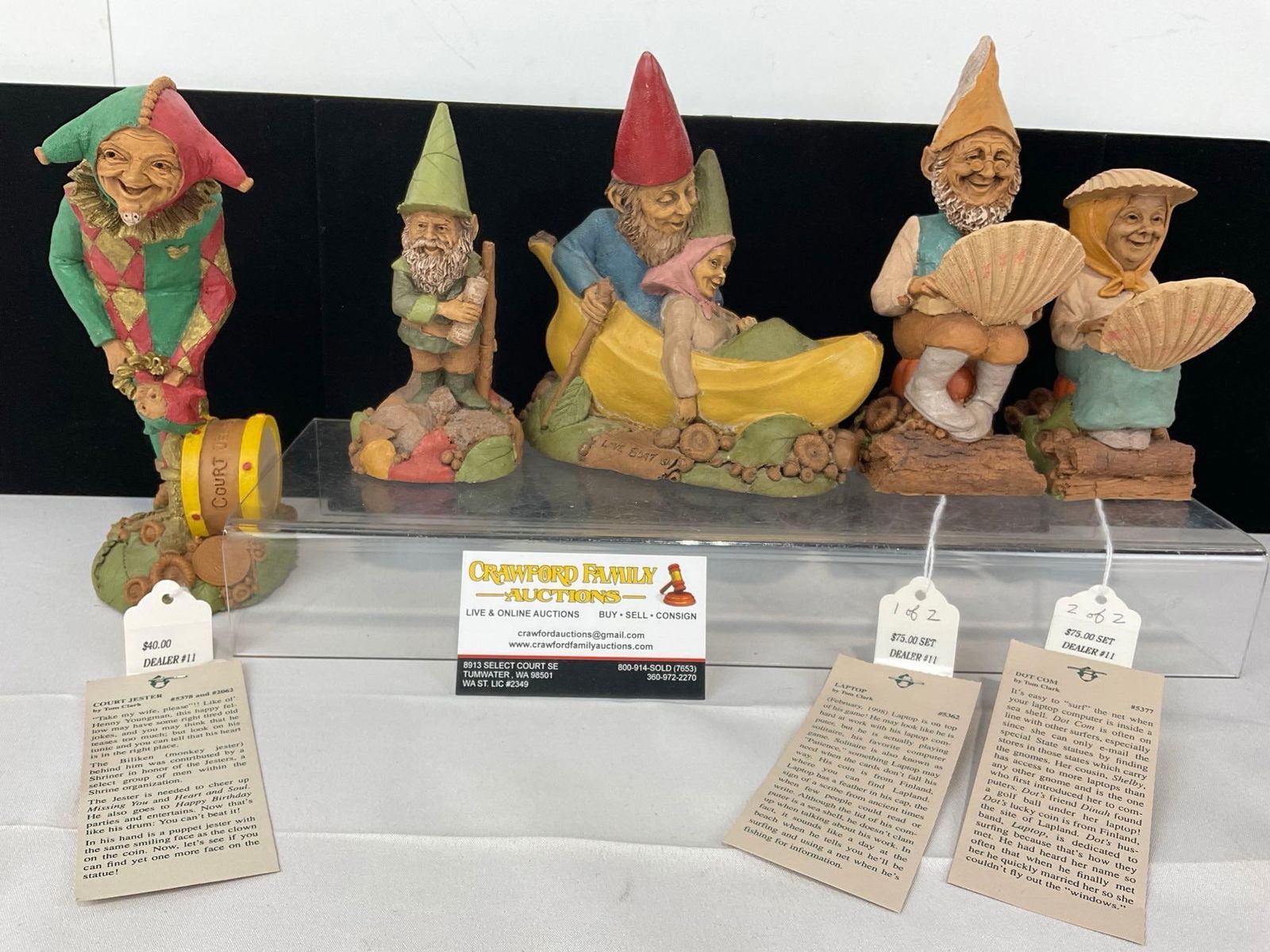 5 1980s Cairn Studio Tom Clark Statues, w/COAs, Court Jester, Laptop, Dot Com, Love Boat & Greybe...: Each has a picture w/ the piece and a COA. Appears to be in good shape. The piece measures approx 12h x 15w x 9d inches. See pics. E-5430 
