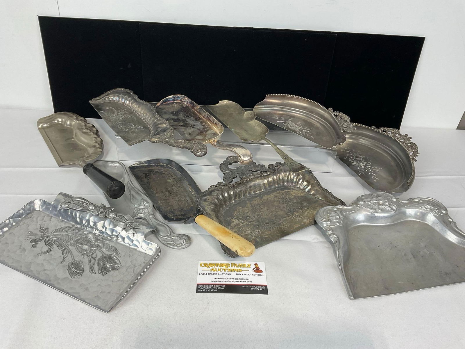 Engraved Pewter & Silver Plate Crumb Pans, Ornate, Many designs, 5h x 14w x 8d inches: Appears to be in good shape. The piece measures approx 5h x 14w x 8d inches. See pics. E-5440 