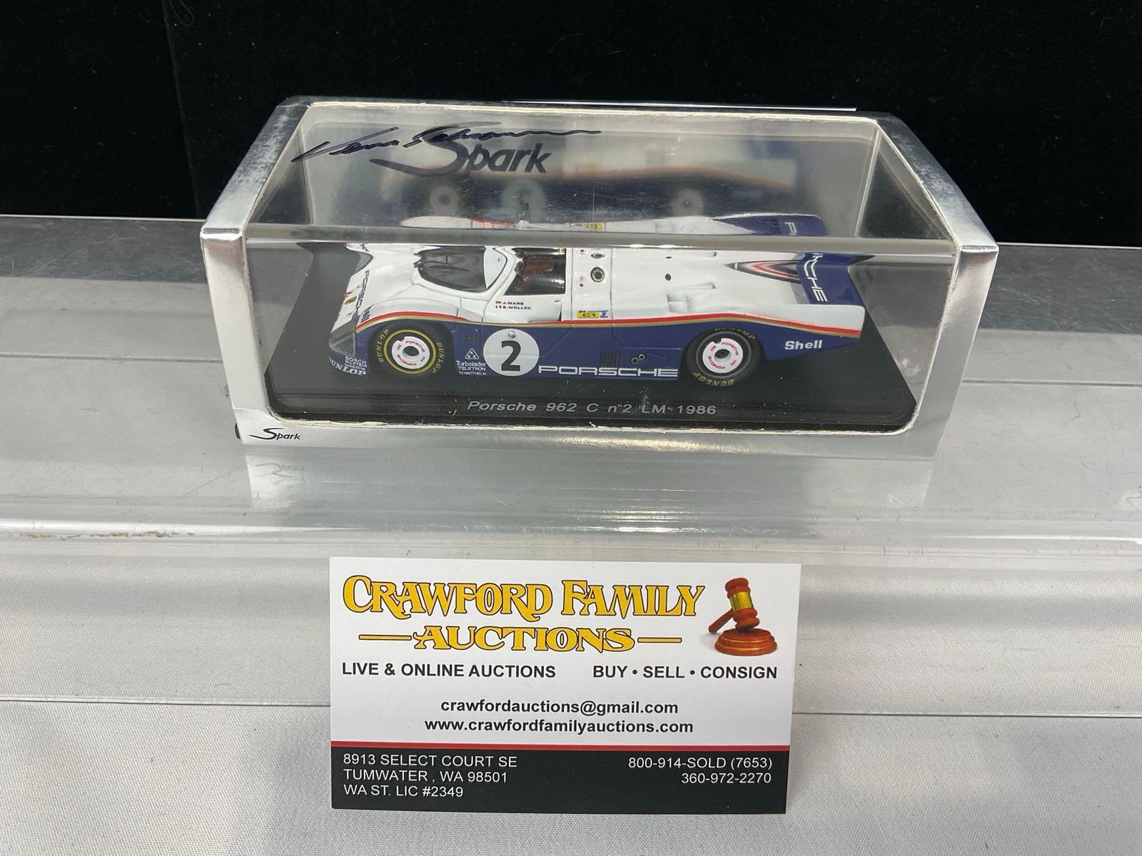 Spark Porsche 962C 1986 LM 24H Signed by Schuppan 1/43 Scale Diecast Car Model orig box: Similar to the next piece, this one is the 1986 piece. Signed by Vern Schuppan. Appears to be in good shape. The piece measures approx 3h x 7w x 4d inches. See pics. E-5420