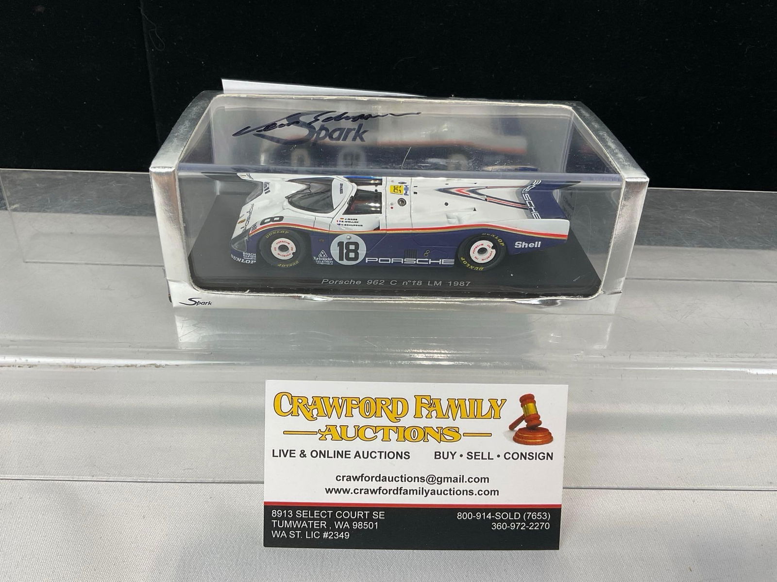 Spark Porsche 962C 1987 LM 24H Signed by Schuppan 1/43 Scale Diecast Car Model orig box: Piece is similar to the last piece, this one is the 1987 piece. Signed by Vern Schuppan. Appears to be in good shape. The piece measures approx 3h x 7w x 4d inches. See pics. E-5420