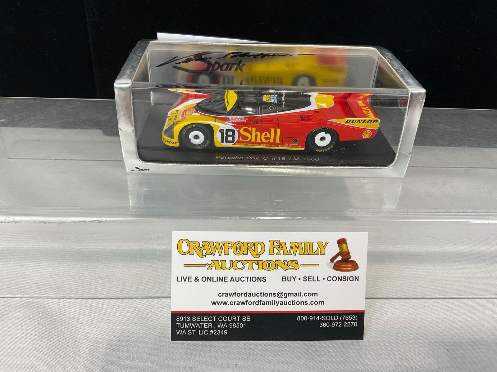 Spark Porsche 962C 1988 LM 24H Signed by Schuppan 1/43 Scale Diecast Car Model orig box: Piece is similar to the last few pieces, this one is the 1988 piece. Signed by Vern Schuppan. Appears to be in good shape. The piece measures approx 3h x 7w x 4d inches. See pics. E-5420