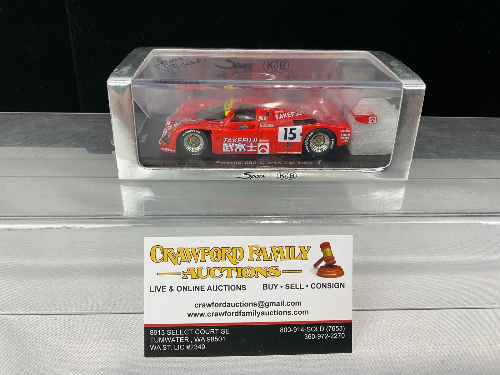 Spark Porsche 962C 1987 LM 24H Signed by James Weaver 1/43 Scale Diecast Car Model orig box: Piece is similar to the last piece, this one is the 1987 James Weaver piece. Signed by James Weaver. Appears to be in good shape. The piece measures approx 3h x 7w x 4d inches. See pics. E-5420