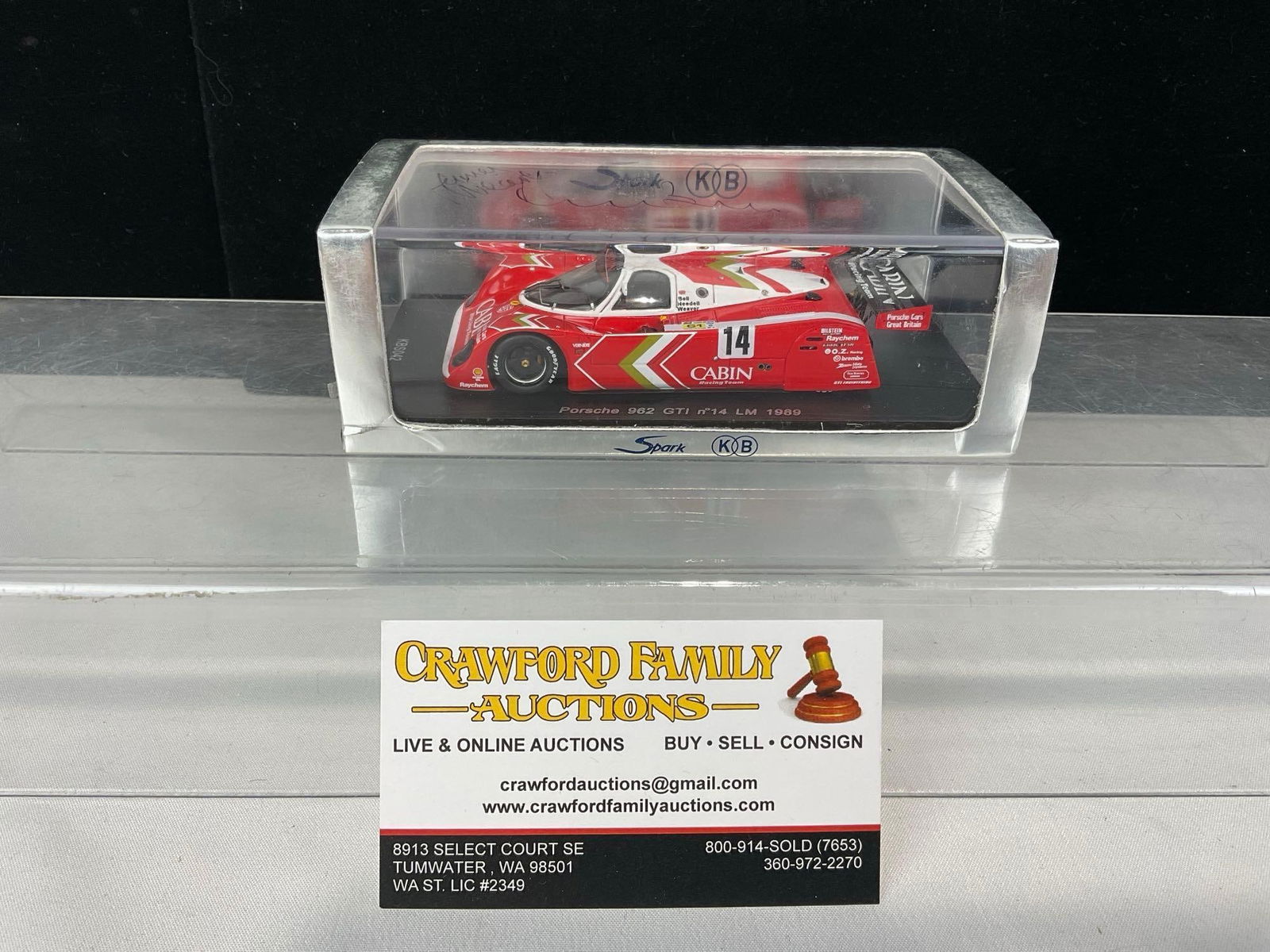 Spark Porsche 962 GTI no 14 1989 LM Signed by James Weaver 1/43 Scale Diecast Car Model orig box: Piece is similar to the last piece, this one is the 1989 piece. Signed by James Weaver, looks to be another signature, unclear which of those it is. Appears to be in good shape. The piece measures