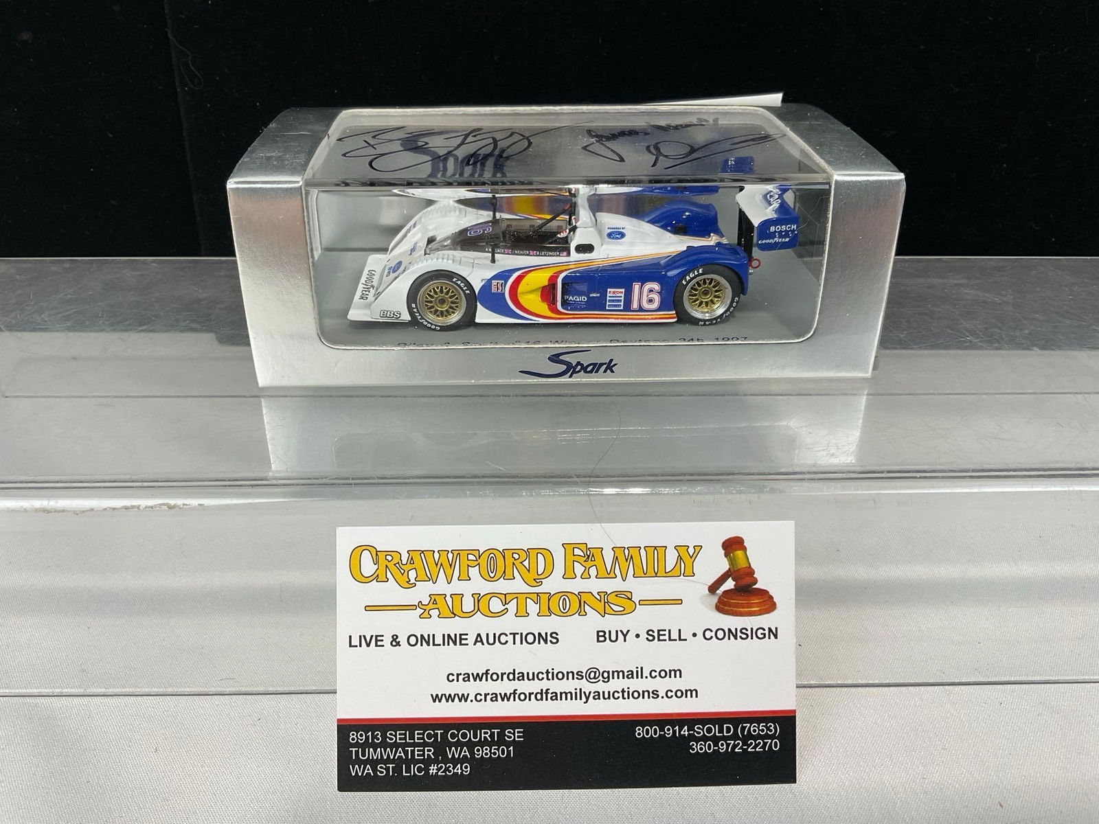 Spark 1997 Riley & Scott Daytona 24H Signed by all 3 Drivers, 1/43 Scale Diecast Car Model orig box: Signed by James Weaver, Andy Wallace & Butch Leitzinger, all three of the drivers of the actual car that won the 1997 Daytona 24 Hours event. Appears to be in good shape. The piece measures