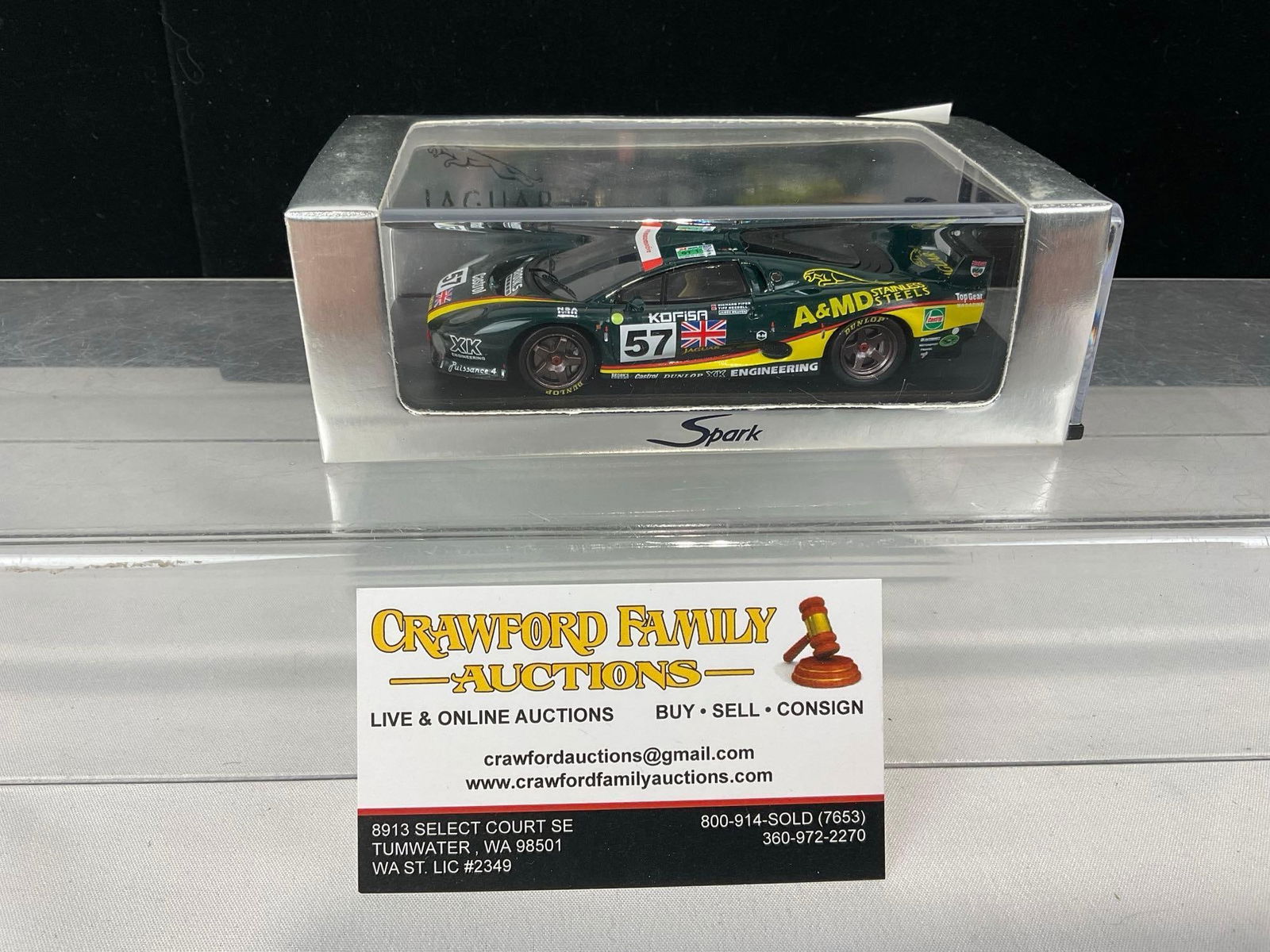 Spark Jaguar XJ220C No57 Le Mans 24H 1995, 1/43 Scale Diecast Car Model orig box: Appears to be in good shape. The piece measures approx 3h x 7w x 4d inches. See pics. E-5420 