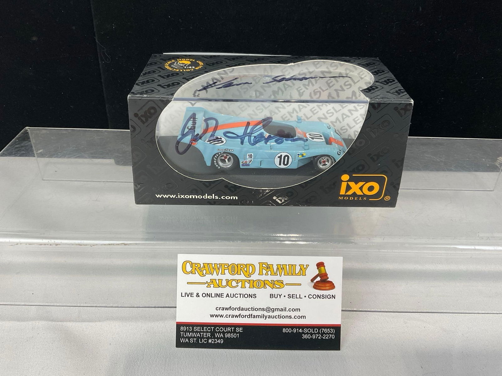 Ebbro Porsche 956 1983 LM 24H Signed by Schuppan 1/43 Scale Diecast Car Model orig box: Piece is similar to the pieces in the last few lots, this one is the 1983 Ebbro piece. Signed by Vern Schuppan. Appears to be in good shape. The piece measures approx 3h x 7w x 4d inches. See pics. E-
