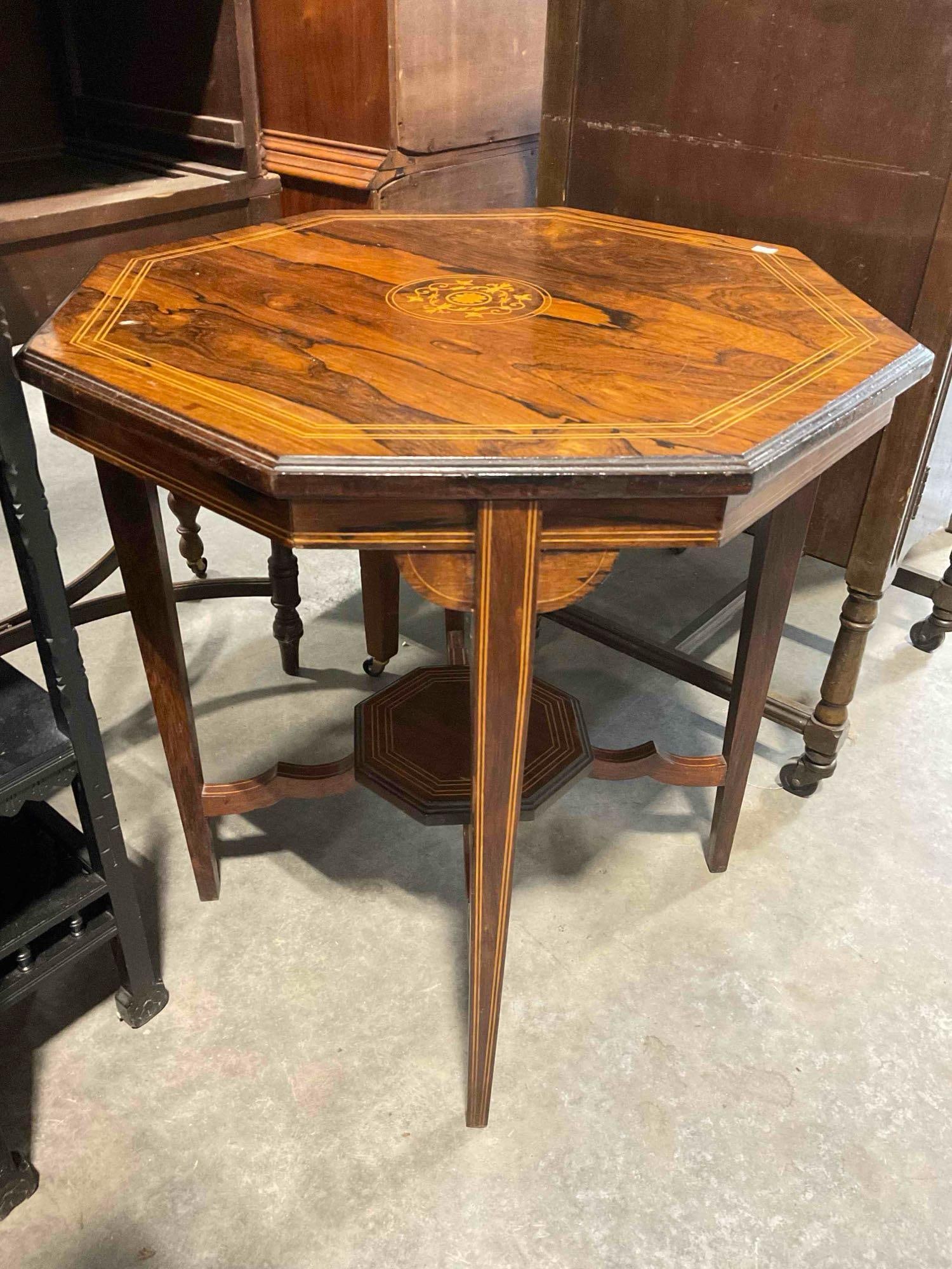 Handsome Antique Victorian or Edwardian 8-Sided Inlaid Rose Wood Side Table w/ Floral Marquetry. - 3