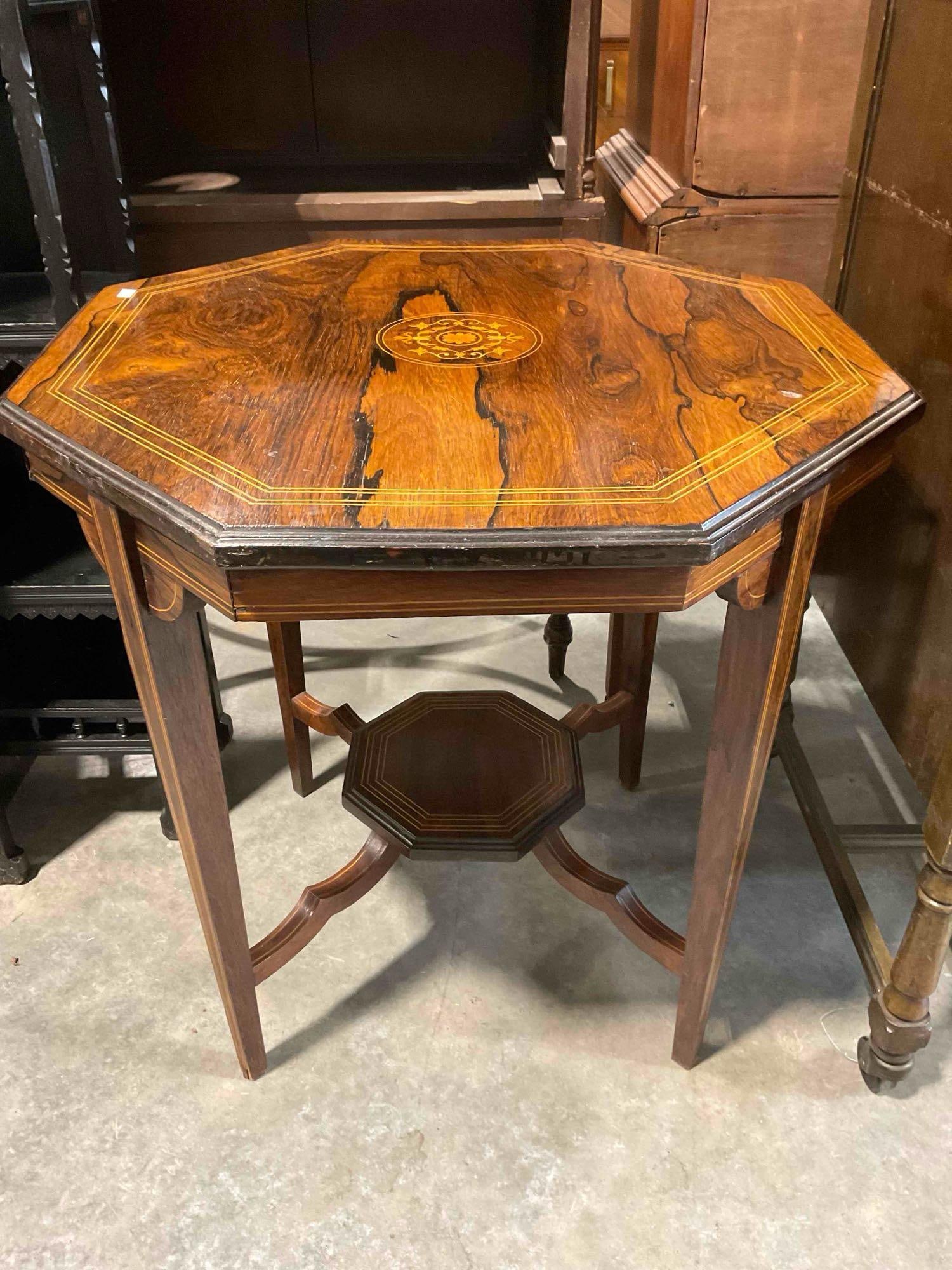 Handsome Antique Victorian or Edwardian 8-Sided Inlaid Rose Wood Side Table w/ Floral Marquetry. - 6