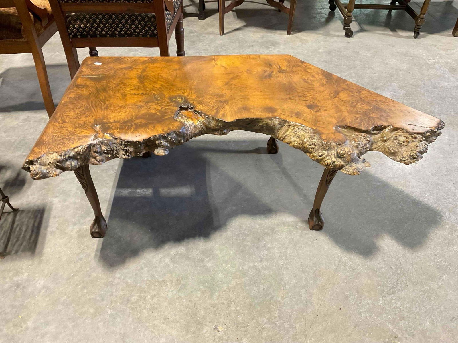Vintage MC Live Edge Redwood Burl Coffee Table w/ Irregular Shape. Excellent Condition. See pics.: Vintage Live Edge Burl Wood Coffee Table w/ Irregular Shape. Excellent Condition. Fascinating piece. Measures 43" x 24" x 16" DM-414 *Freight Required if shipped, Buyer Arranged/Responsibility*
