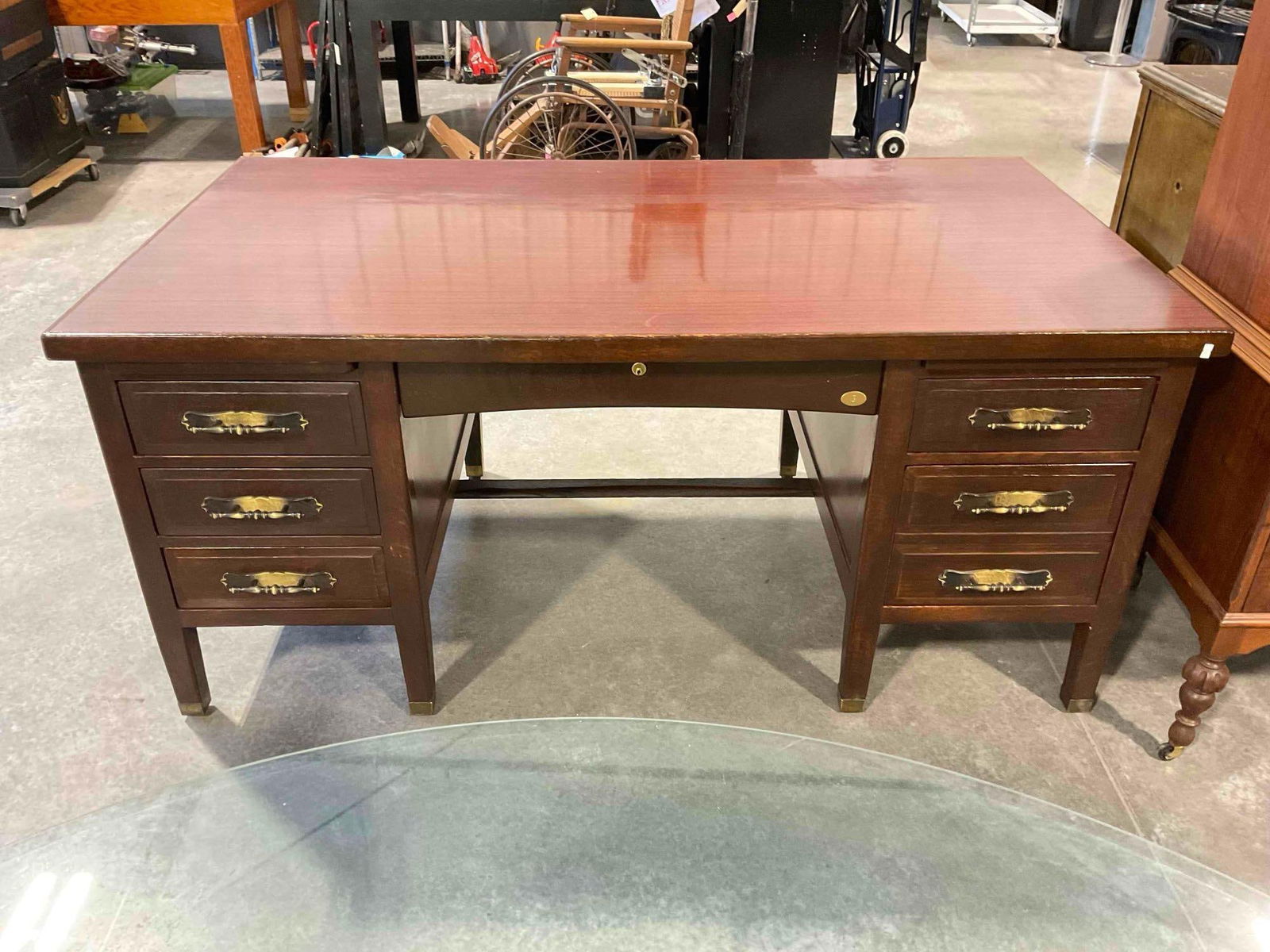Handsome Vintage Wooden Desk w/ Rosewood Veneer Top, 6 Drawers & Writing Tray. See pics. (1 of 10)