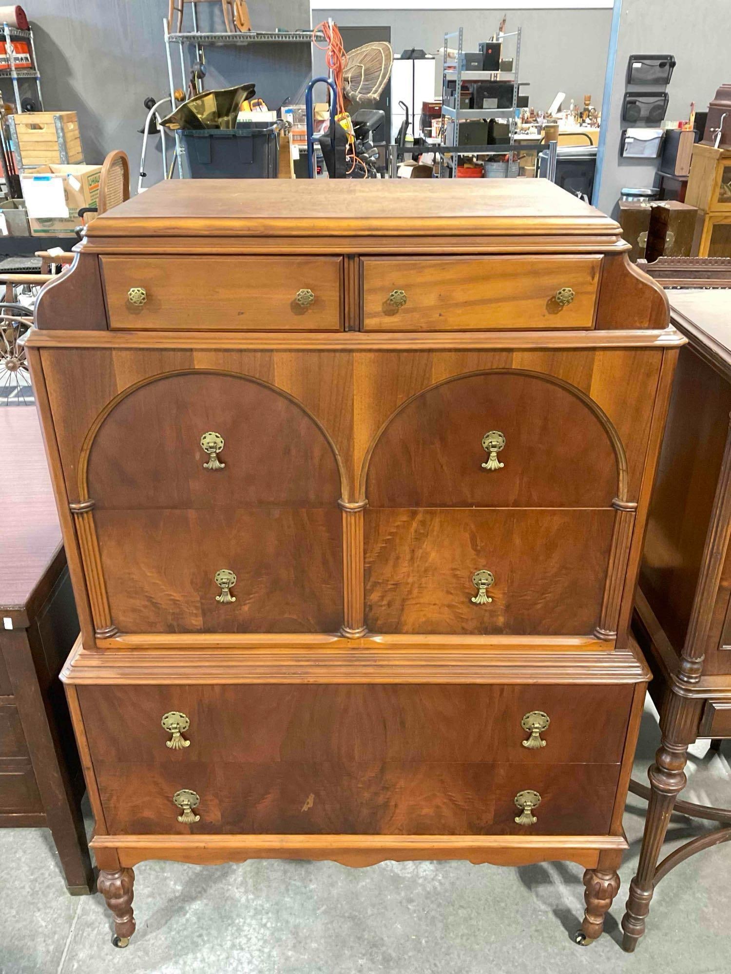 Lovely Antique 1920's Art Deco 6 drawer High Boy dresser W/ Walnut, Mahogany & maple Veneers (1 of 11)