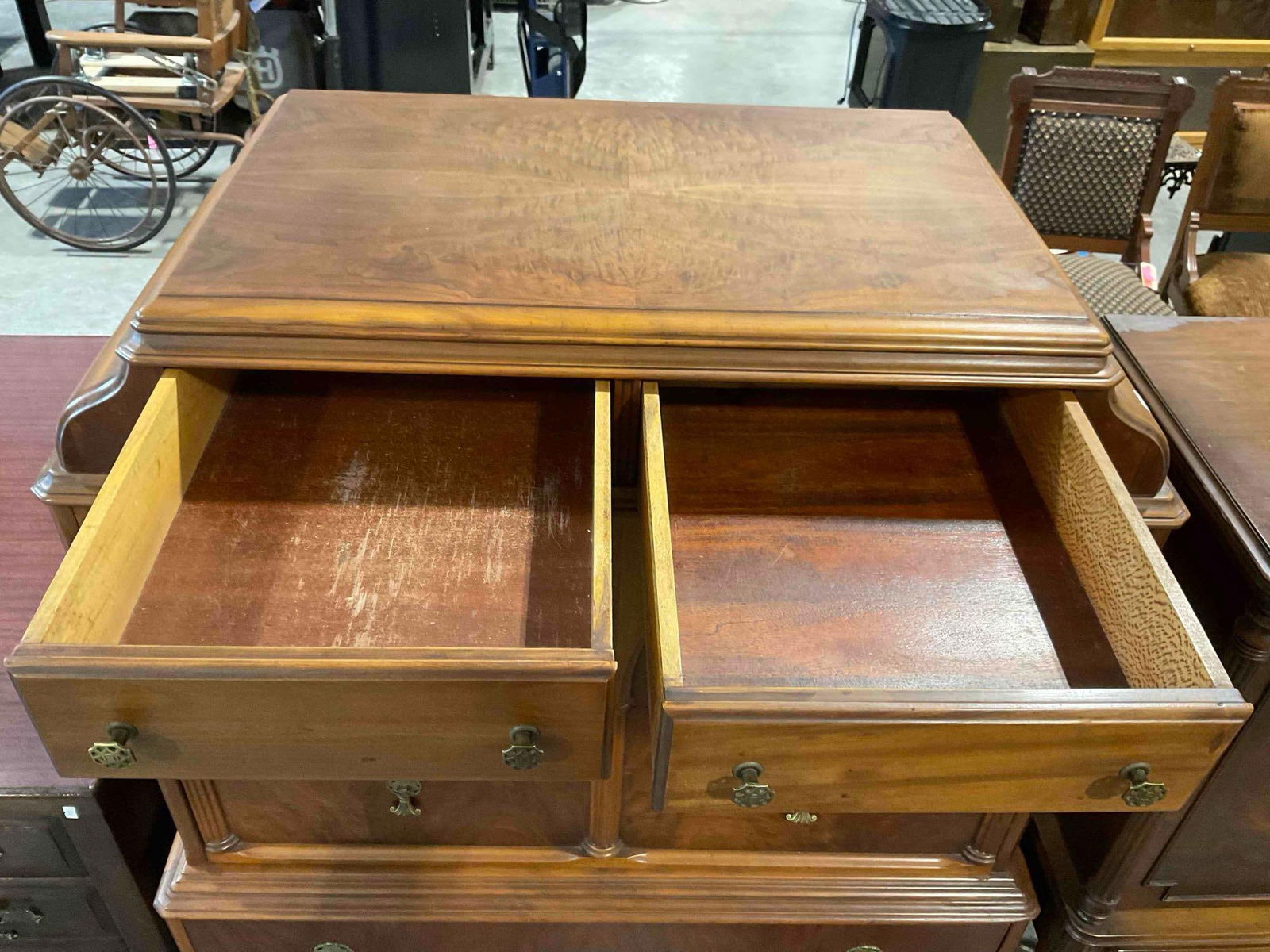 Lovely Antique 1920's Art Deco 6 drawer High Boy dresser W/ Walnut, Mahogany & maple Veneers - 5