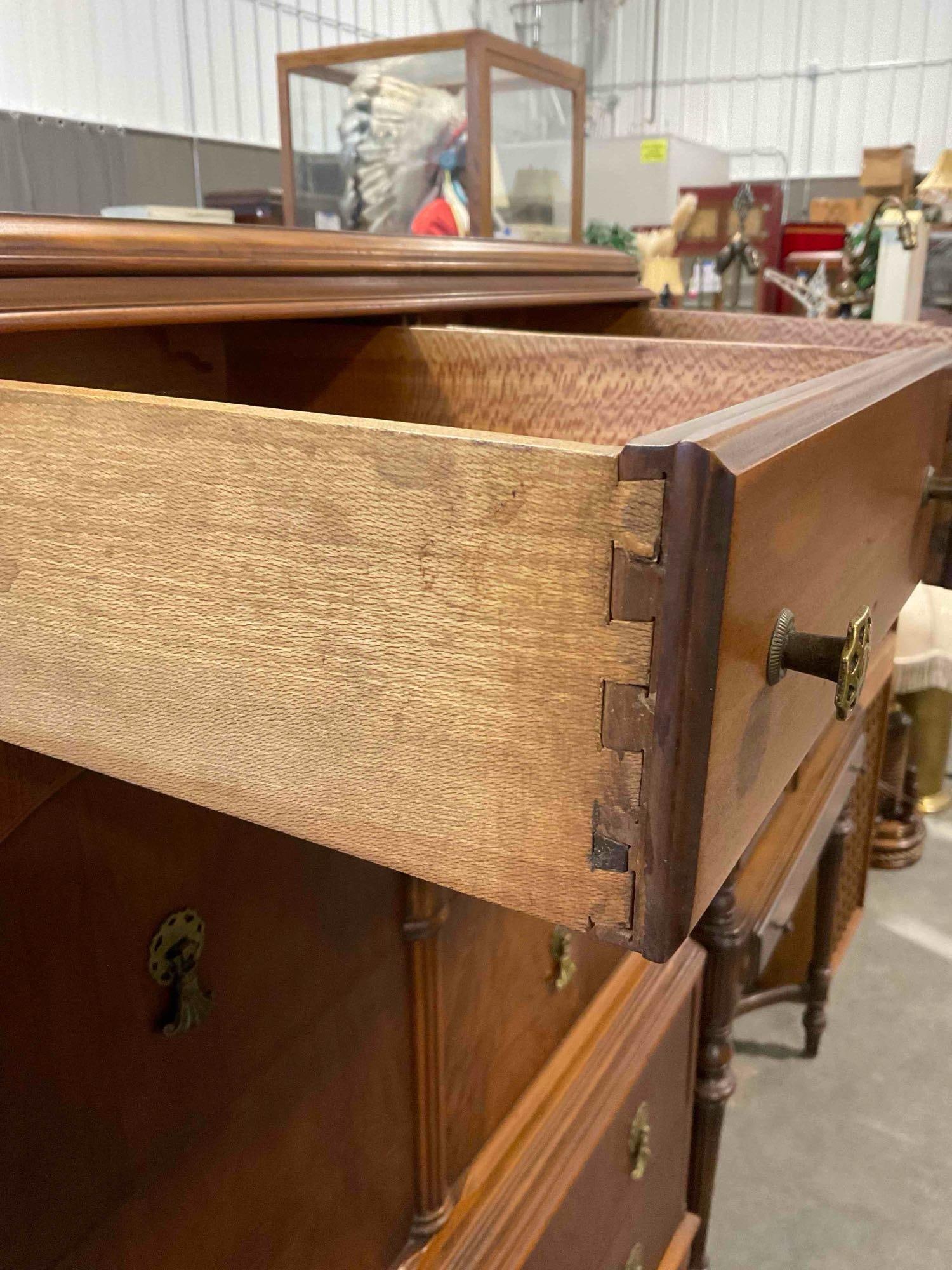 Lovely Antique 1920's Art Deco 6 drawer High Boy dresser W/ Walnut, Mahogany & maple Veneers - 6