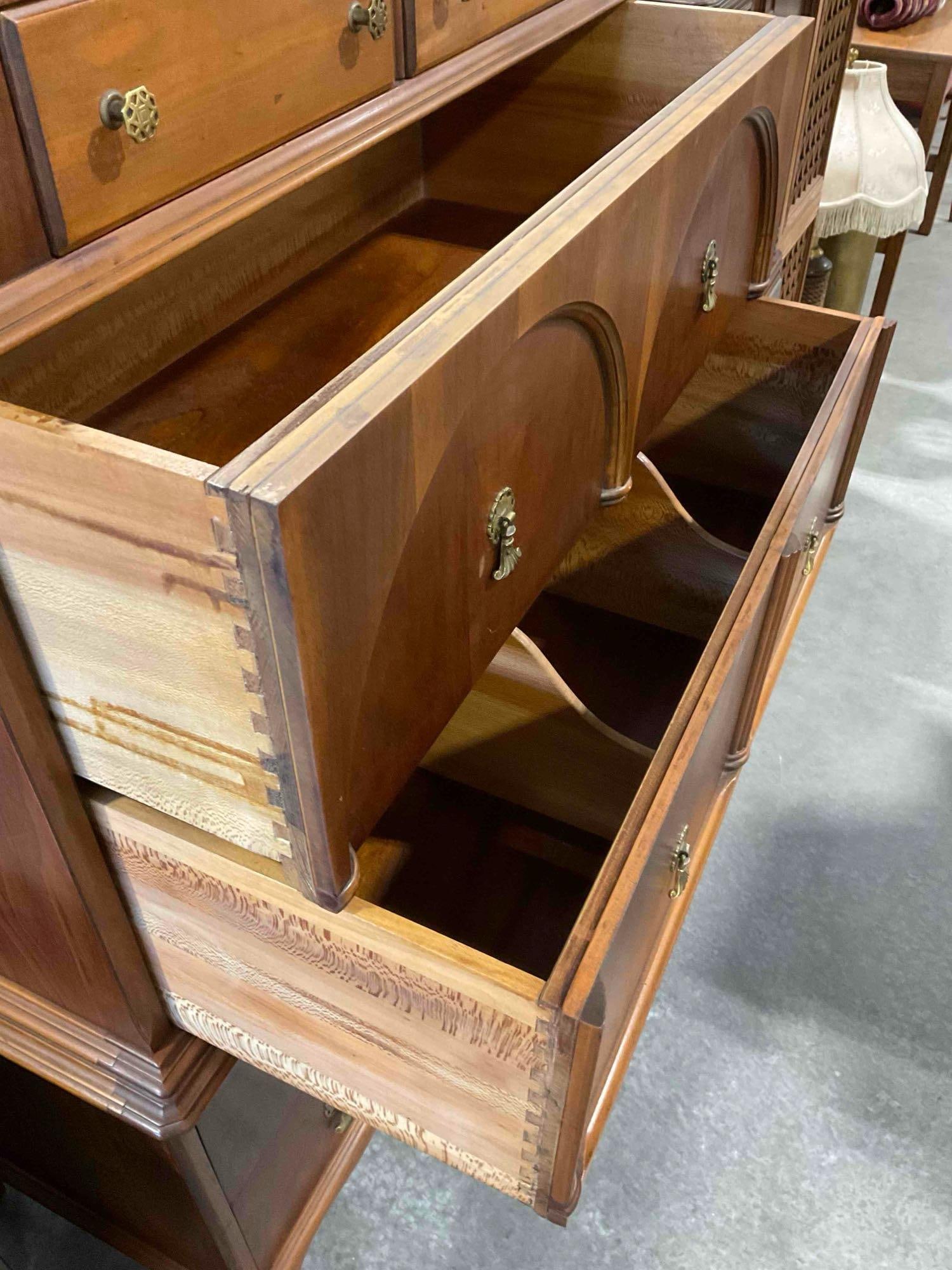 Lovely Antique 1920's Art Deco 6 drawer High Boy dresser W/ Walnut, Mahogany & maple Veneers - 7