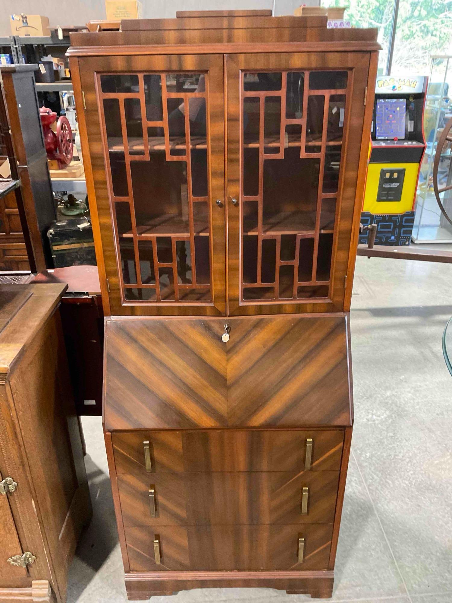 Antique Art Deco Secretary Desk w/ Curio Cabinet & Mahogany Veneer Chevron Pattern. Excellent Cond. (1 of 10)