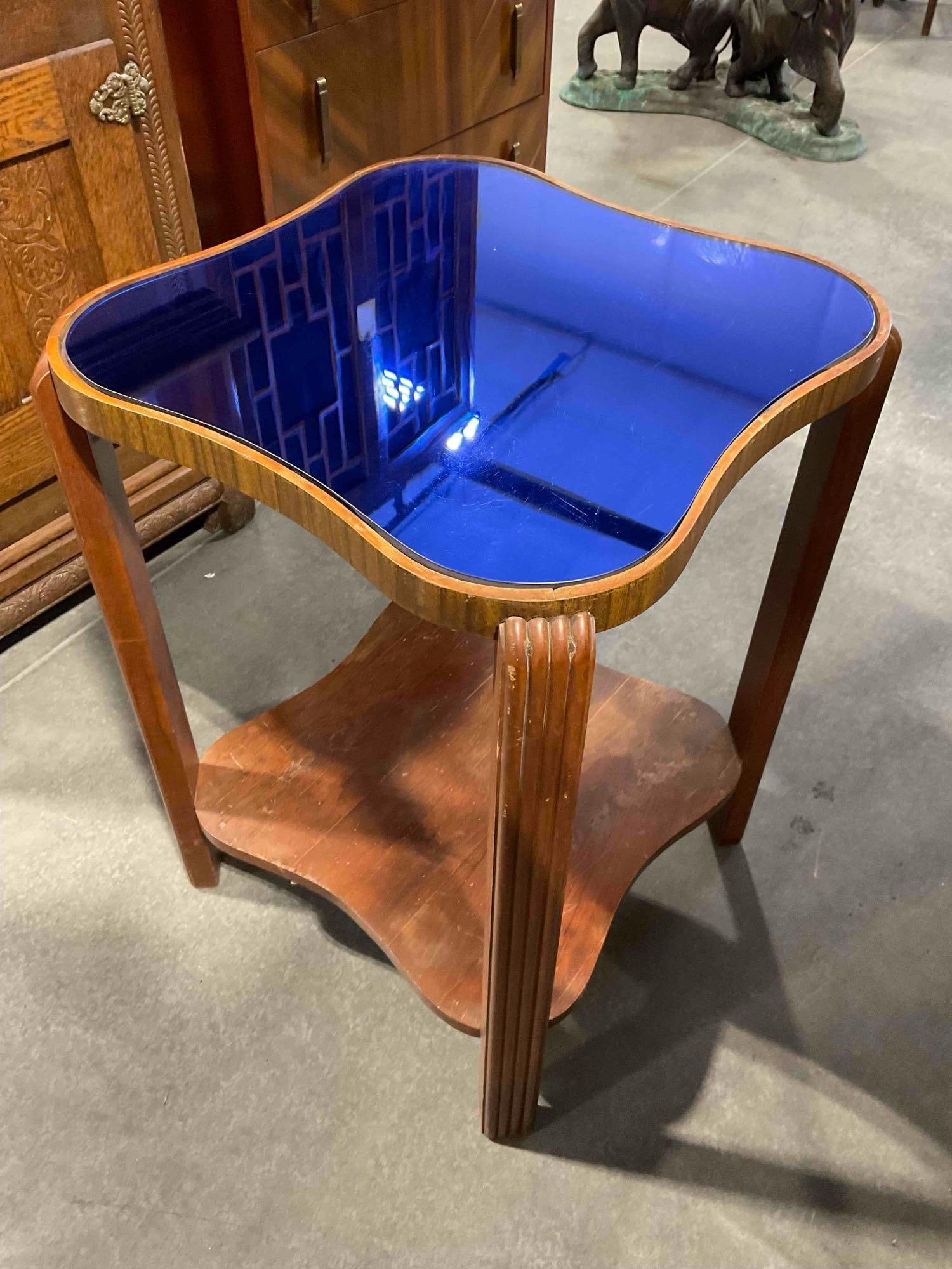 Antique Art Deco Quatrefoil shaped Mahogany Wood Side Table w/ Cobalt Blue Mirrored Glass Top - 3