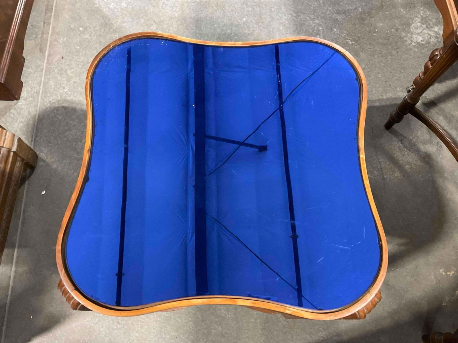 Antique Art Deco Quatrefoil shaped Mahogany Wood Side Table w/ Cobalt Blue Mirrored Glass Top - 5