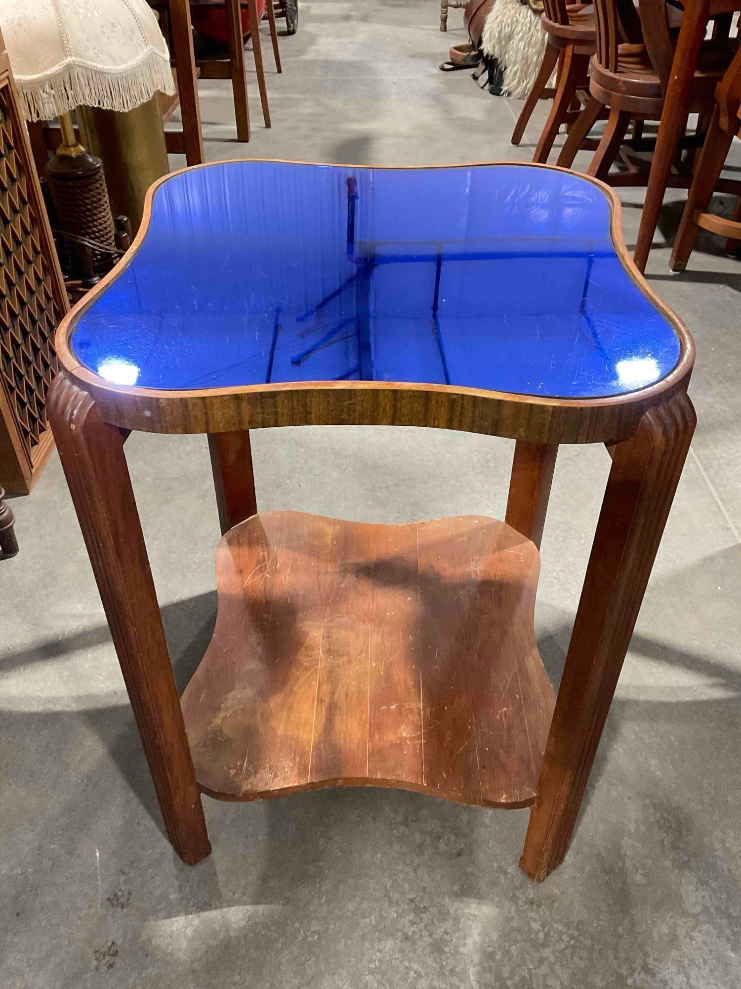 Antique Art Deco Quatrefoil shaped Mahogany Wood Side Table w/ Cobalt Blue Mirrored Glass Top - 6