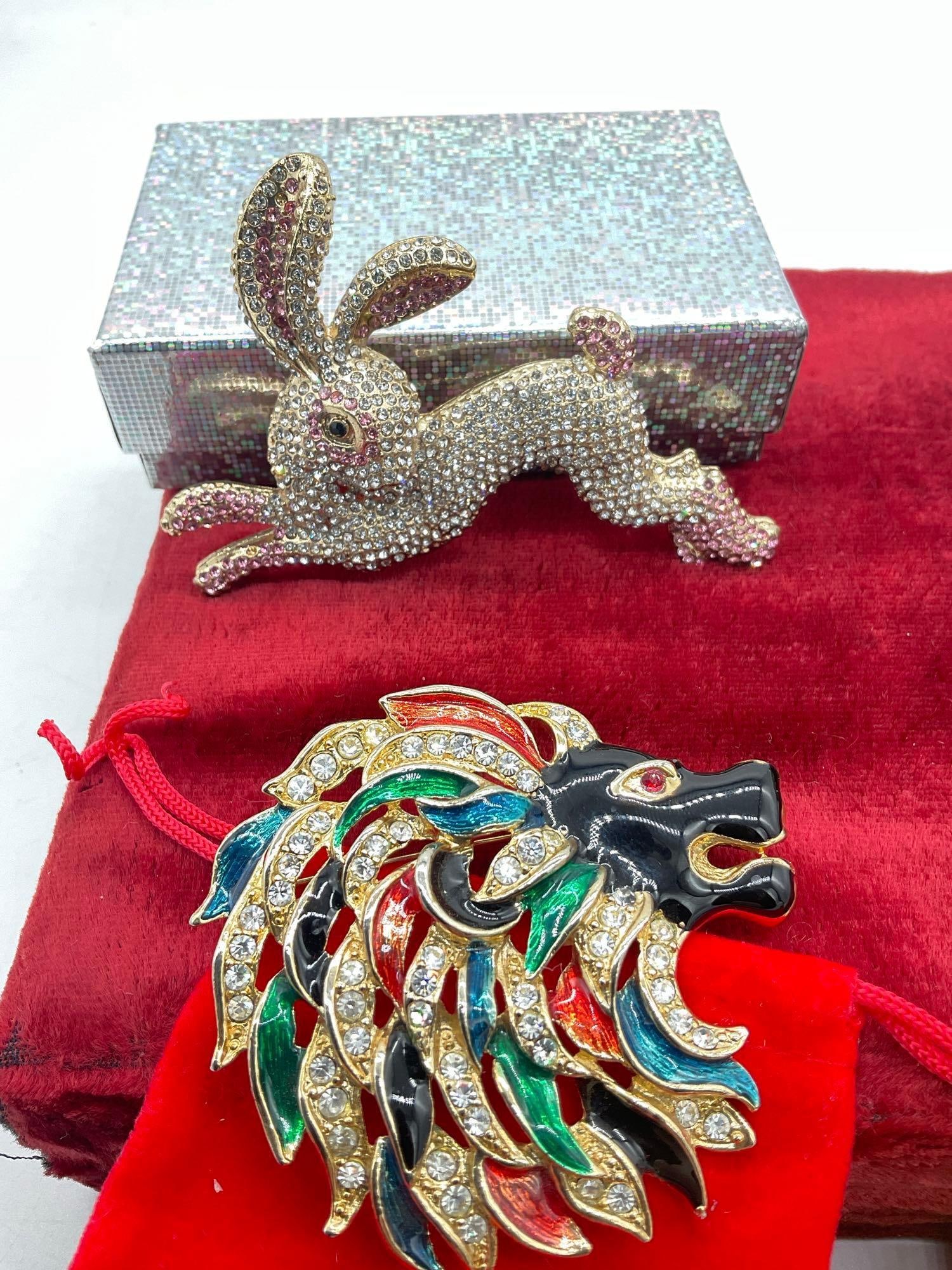 Nice set of Gold tone enamel and Crystal Brooches 2x Dragon 1 X Mulit Colored Lion Head 1x rabbit - 2