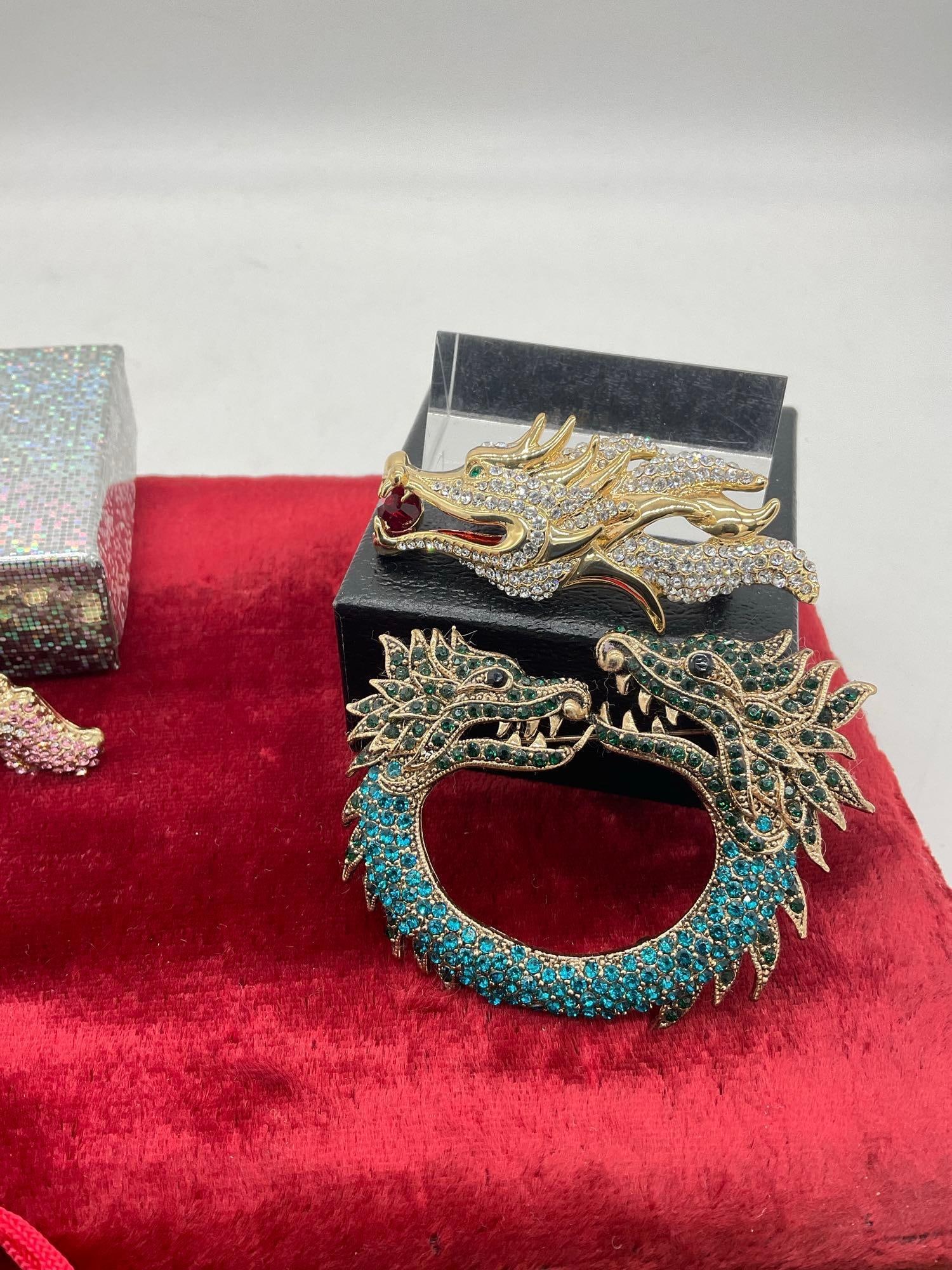 Nice set of Gold tone enamel and Crystal Brooches 2x Dragon 1 X Mulit Colored Lion Head 1x rabbit - 3