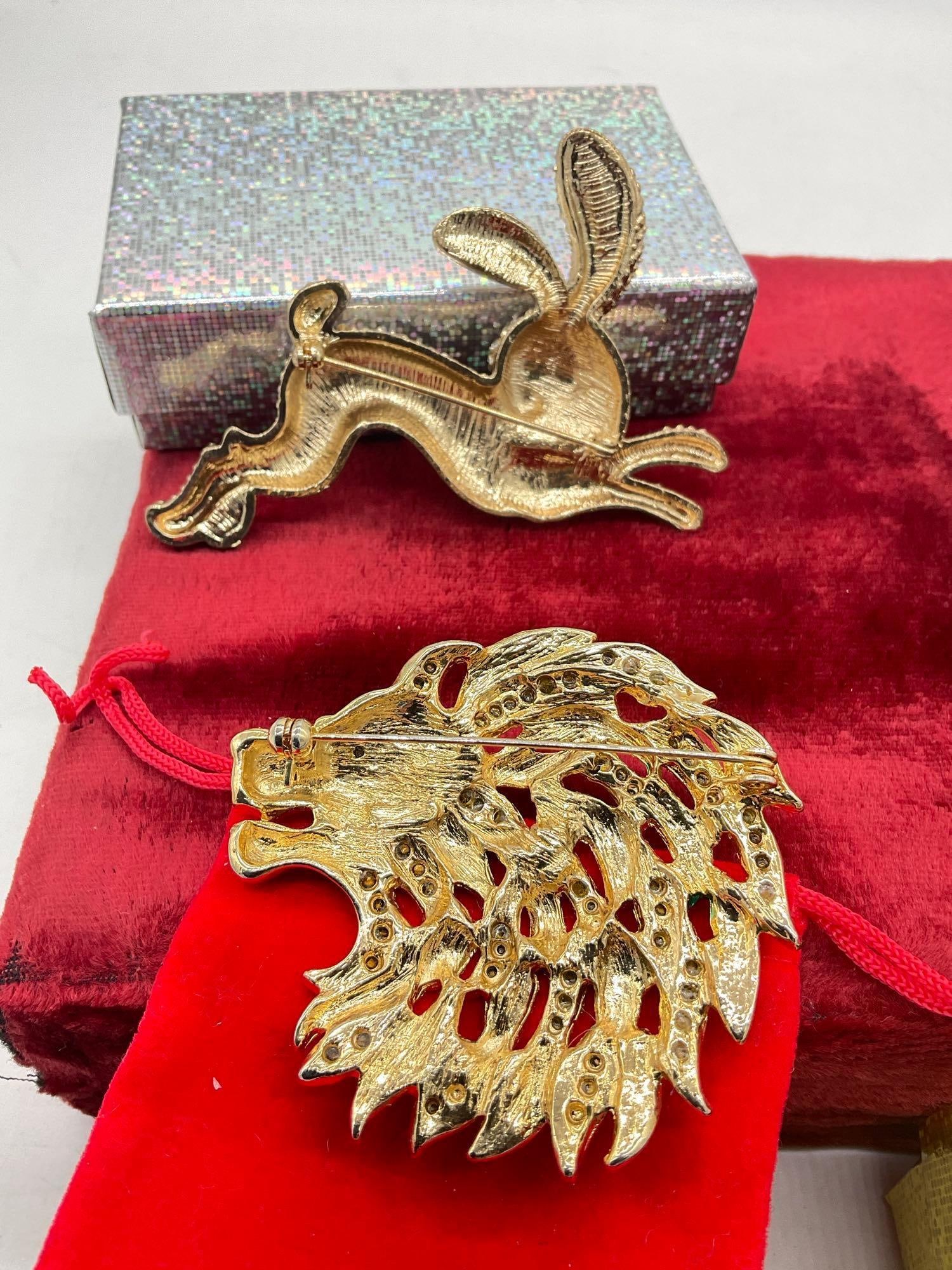 Nice set of Gold tone enamel and Crystal Brooches 2x Dragon 1 X Mulit Colored Lion Head 1x rabbit - 4