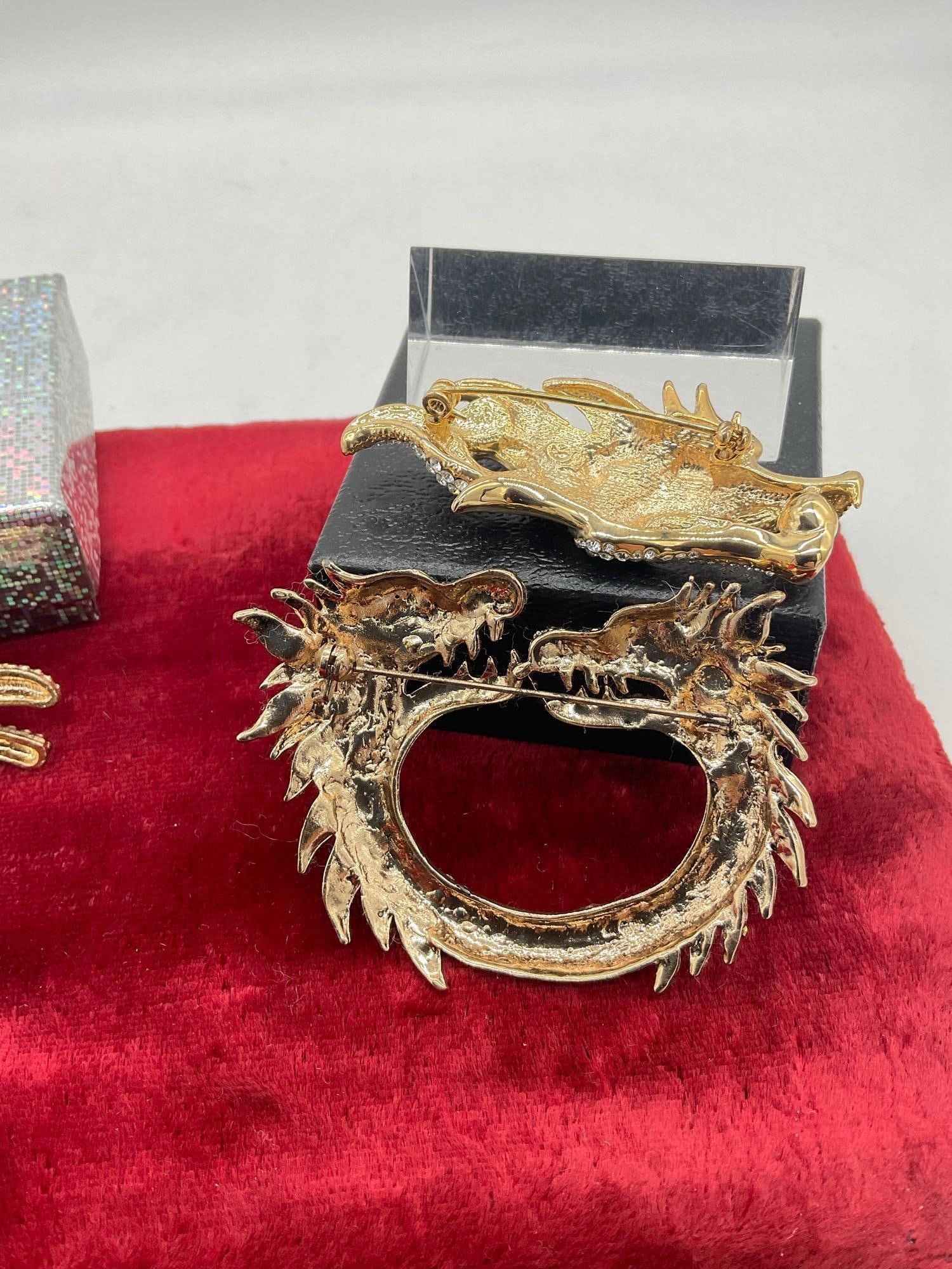 Nice set of Gold tone enamel and Crystal Brooches 2x Dragon 1 X Mulit Colored Lion Head 1x rabbit - 5