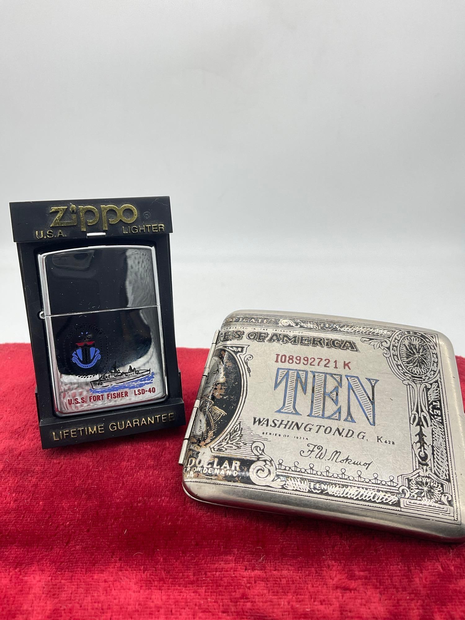 Vintage Zippo Lighter XIII NIB USS Fort fisher LSD-40 In OG Case + Ten Dollar cigarette case (1 of 6)