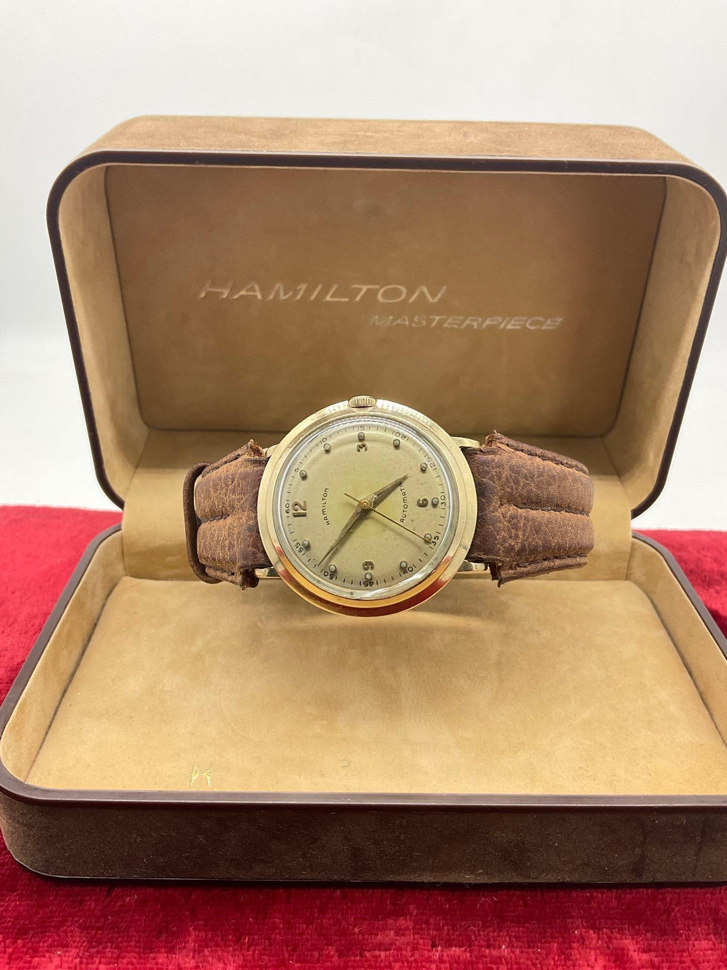 Rare Circa 1950's Men's Hamilton 10K Gold filled bezel Automatic Wrist Watch "UFO Case" W/ OG box: c-5280 Watch is inscribed on the back U. B. E. 1947-1957 and is in running condition